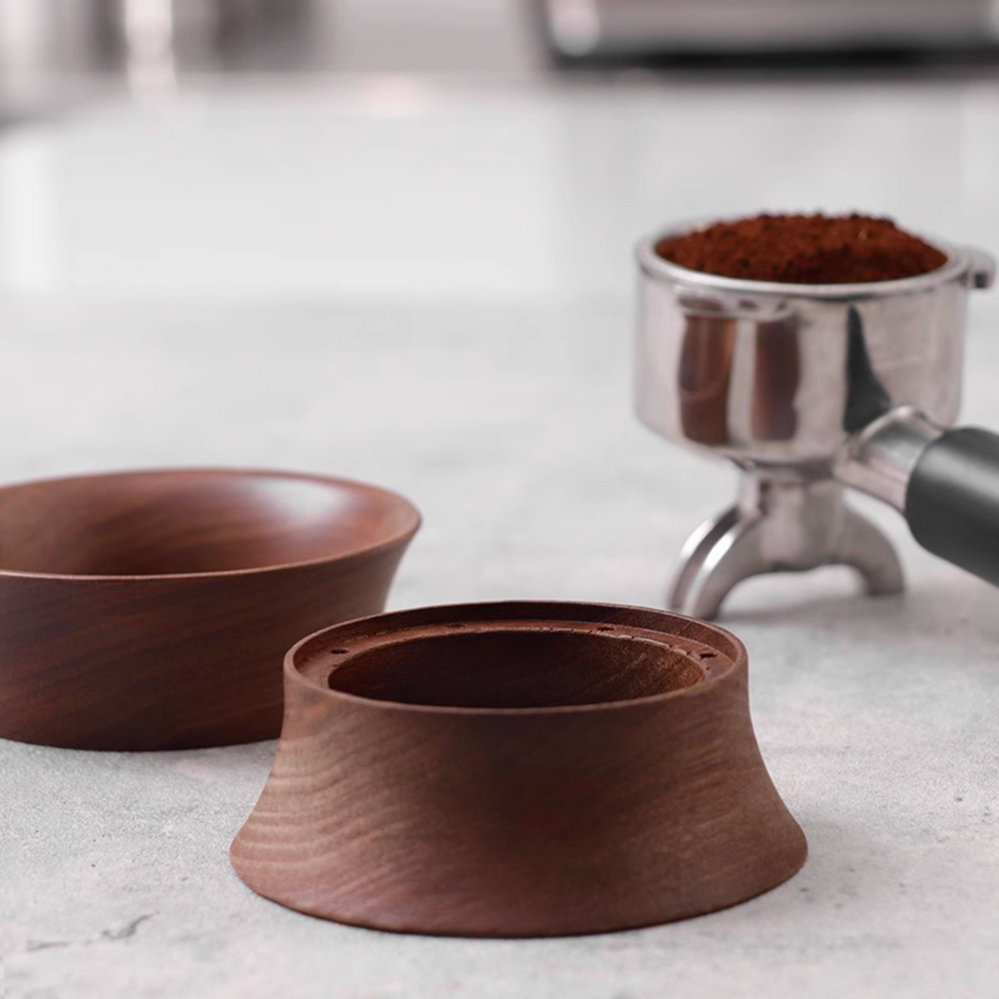 Walnut Wood Magnetic Portafilter Funnel | Coffee Catcher Dosing Ring designed for 58mm, 53mm, and 51mm portafilters for precise coffee dosing