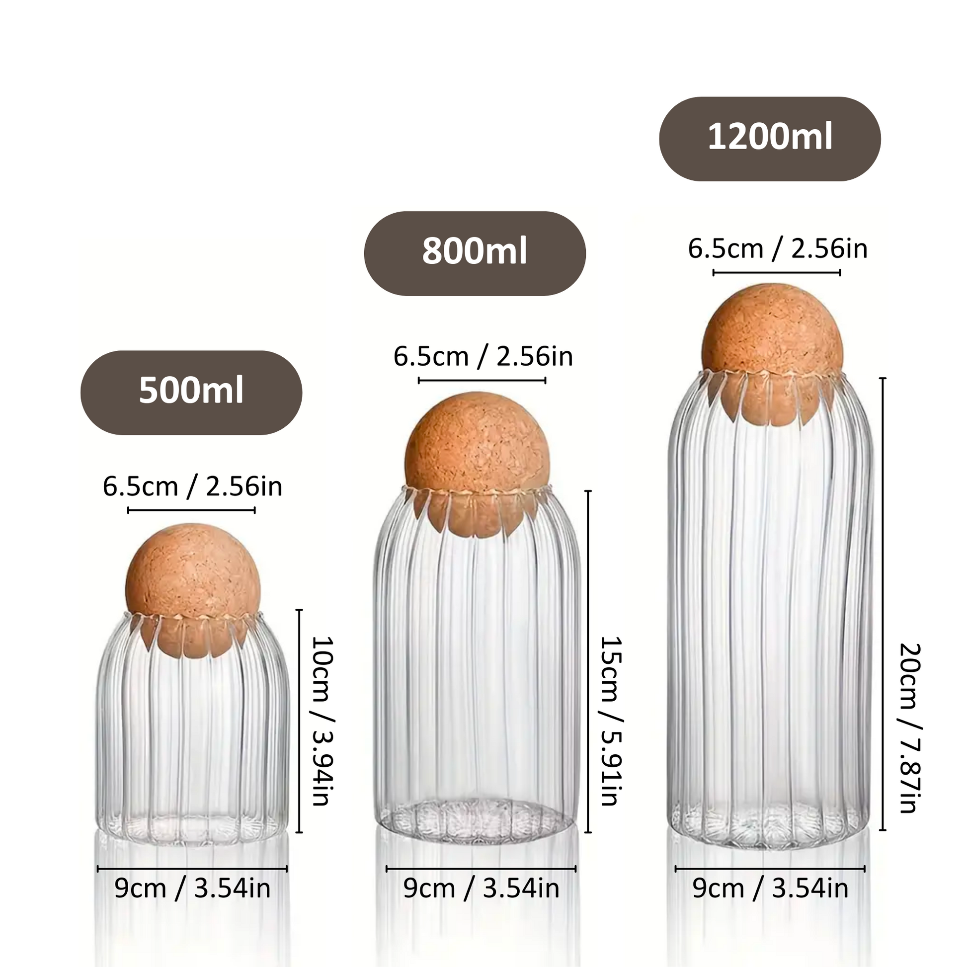 Cork Ball Glass Storage Jars - Ripple | 500ml 800ml 1200ml Jar Sets