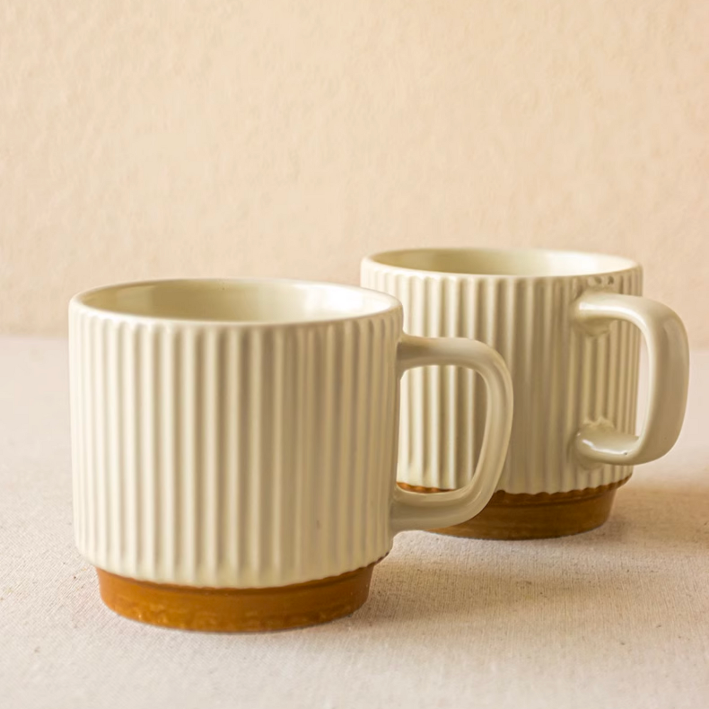 Ribbed Ceramic Mug | 250ML Japanese Style Retro Coffee Cup in Beige 8oz