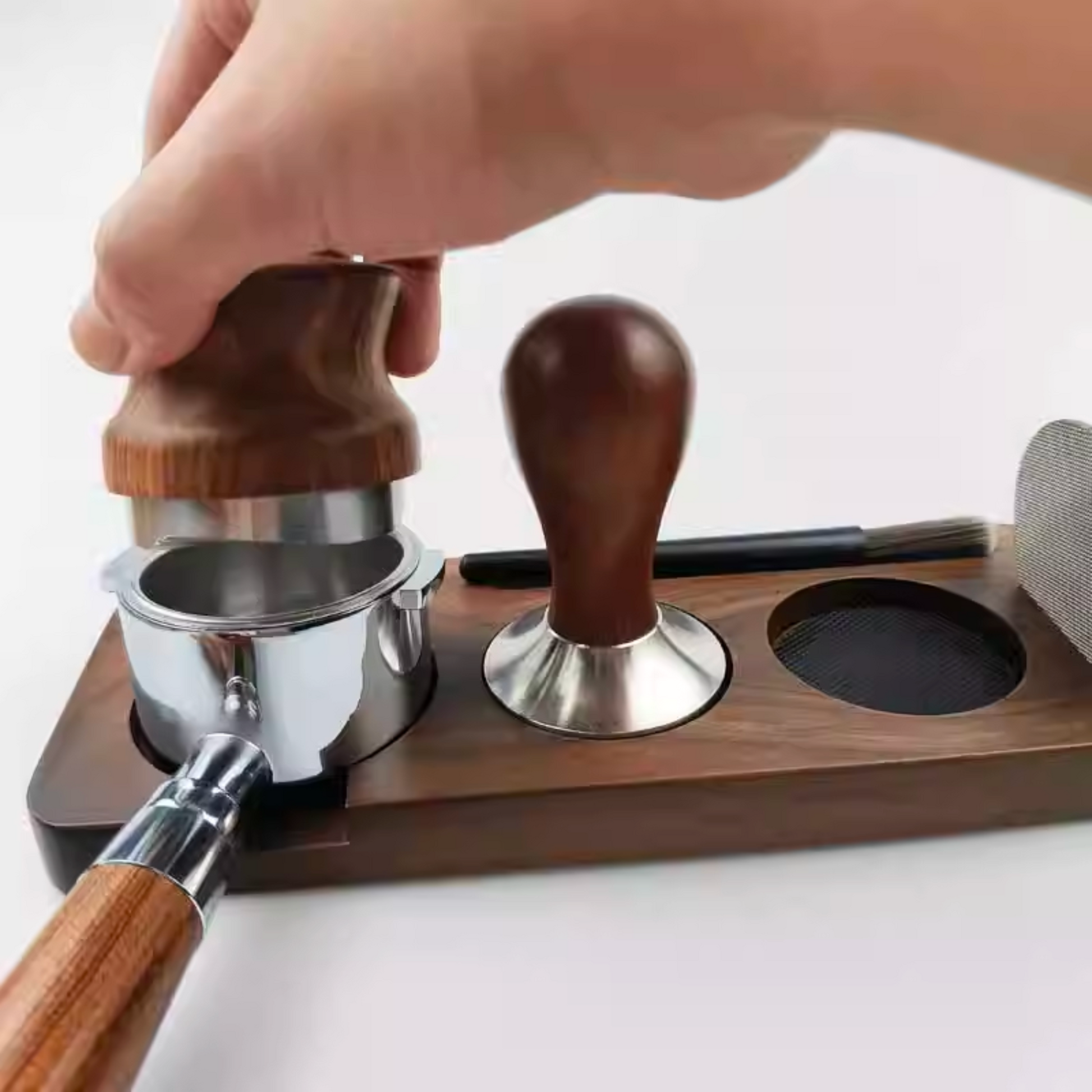 Wooden Coffee Tamper Holder with Puck Screen Slot
