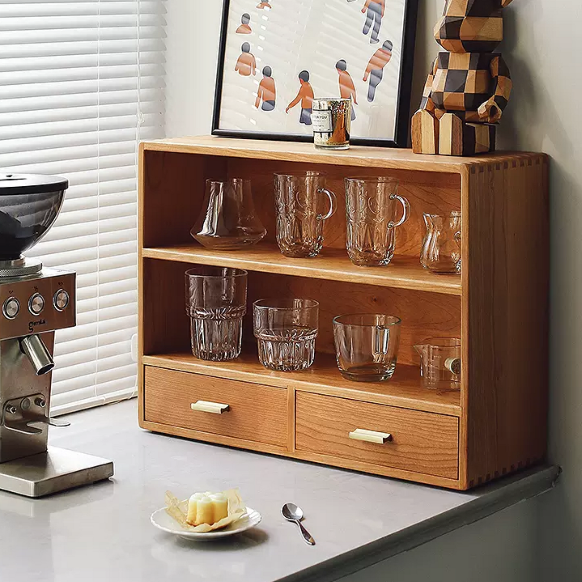 Wooden Double Shelf With Drawers | Large Rustic 2 Tier Storage Cabinet 52 x 18 x 38.5cm