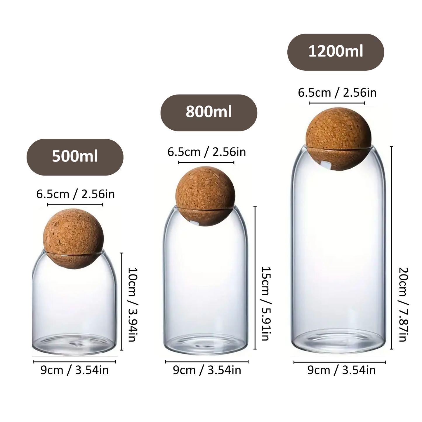 Cork Ball Glass Storage Jars - Smooth | 500ml 800ml 1200ml Jar Sets