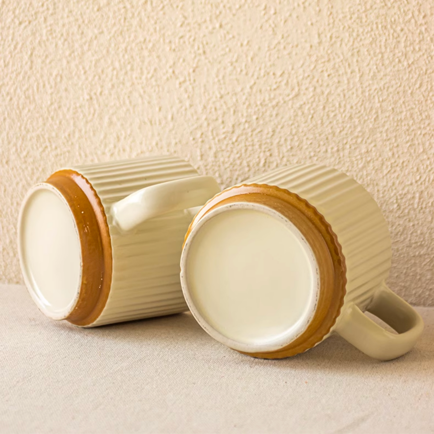 Ribbed Ceramic Mug | 250ML Japanese Style Retro Coffee Cup in Beige 8oz