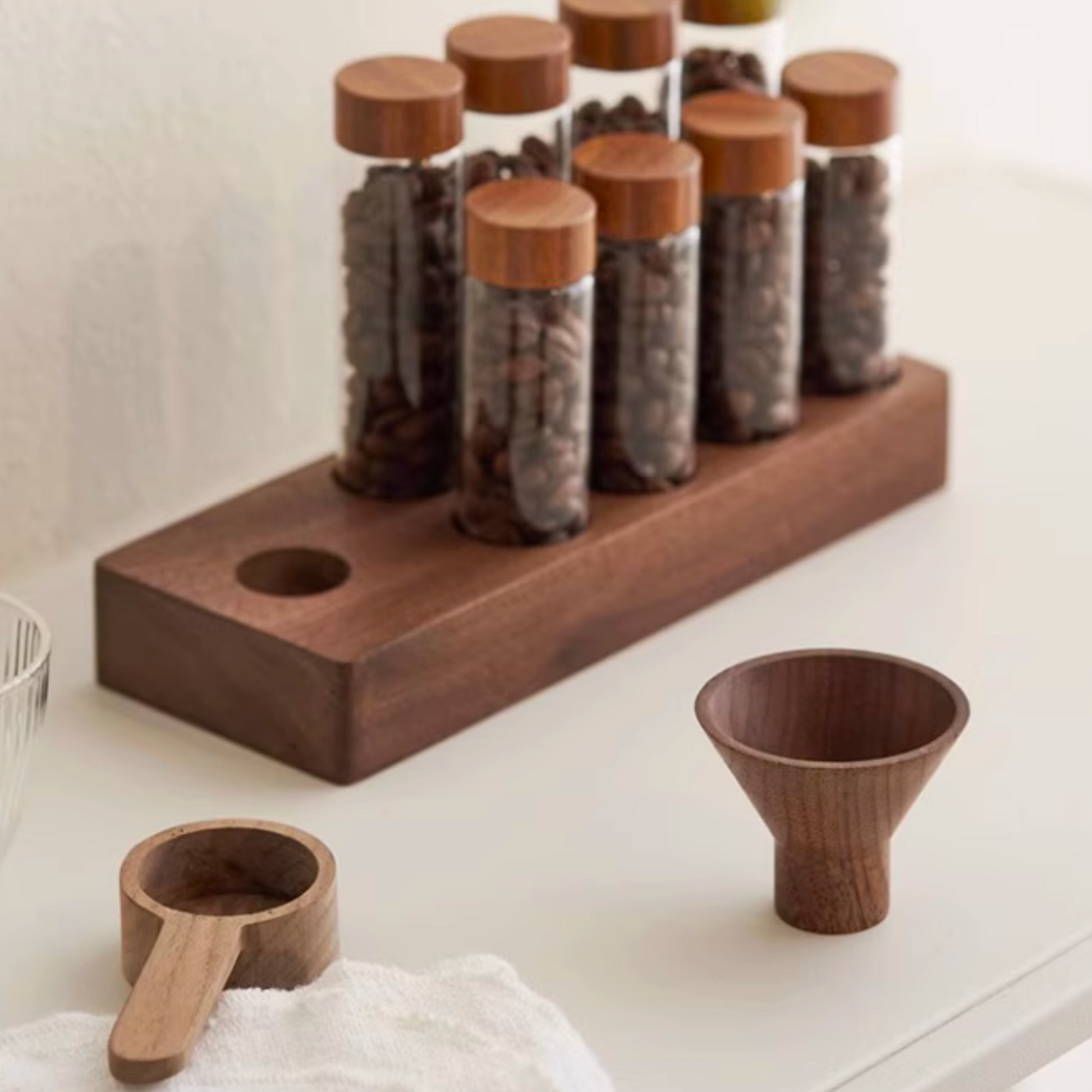 Single Dose Bean Cellar with Walnut Wood Display Rack and Funnel