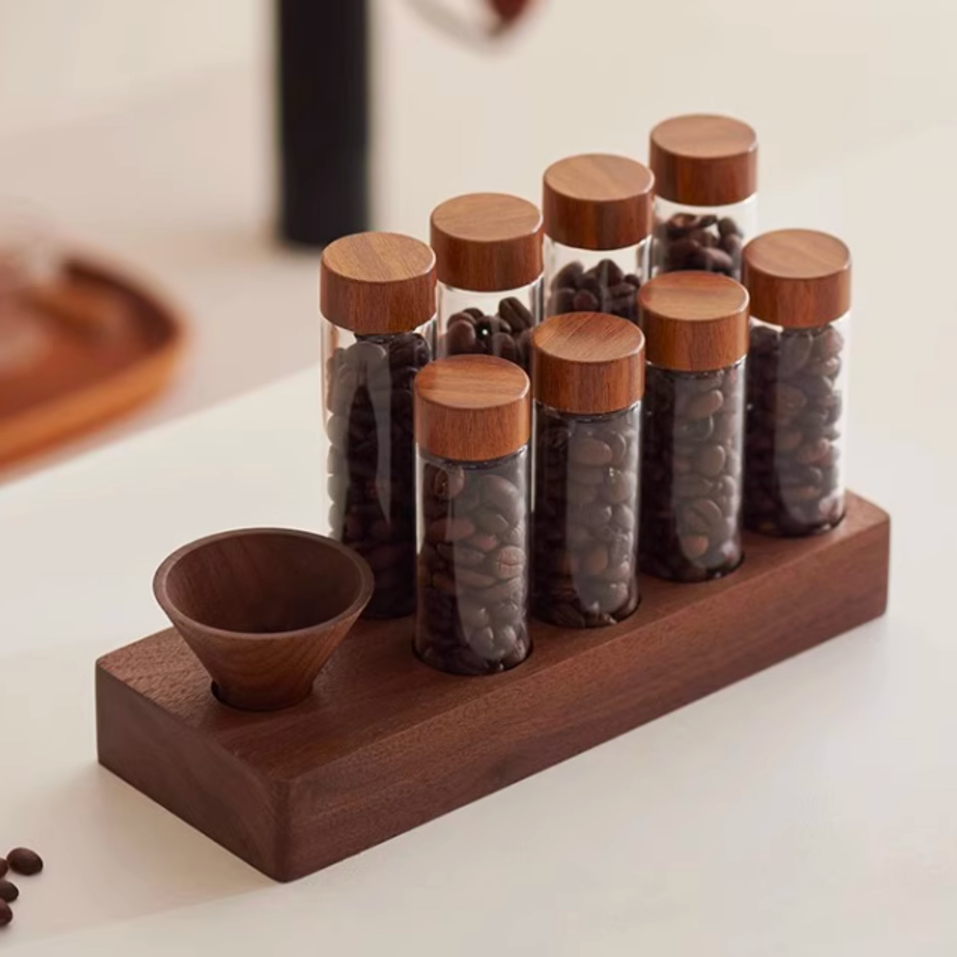 Single Dose Bean Cellar with Walnut Wood Display Rack and Funnel