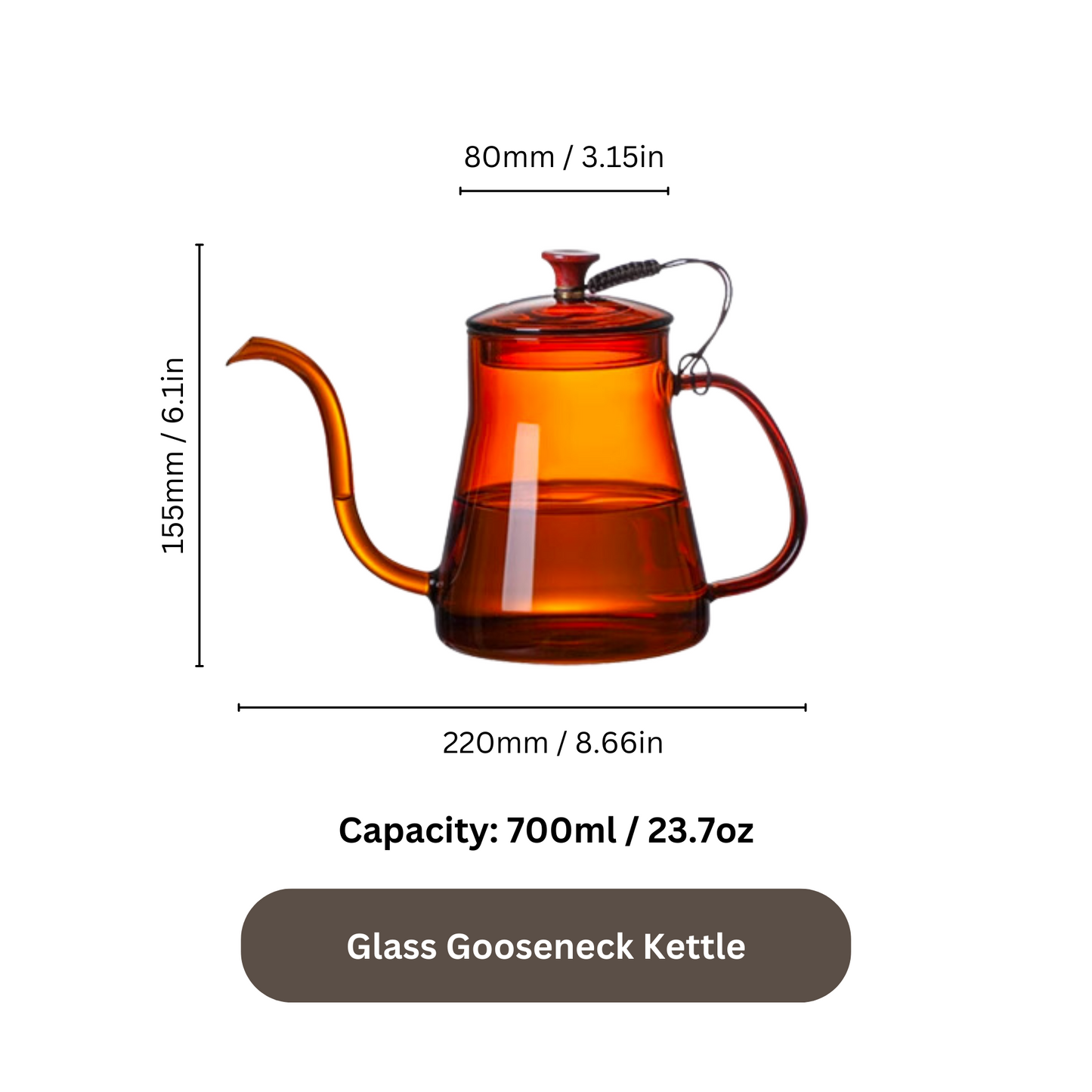 Hand Blown Amber Glass Gooseneck Kettle available in 350ml, 600ml, 700ml