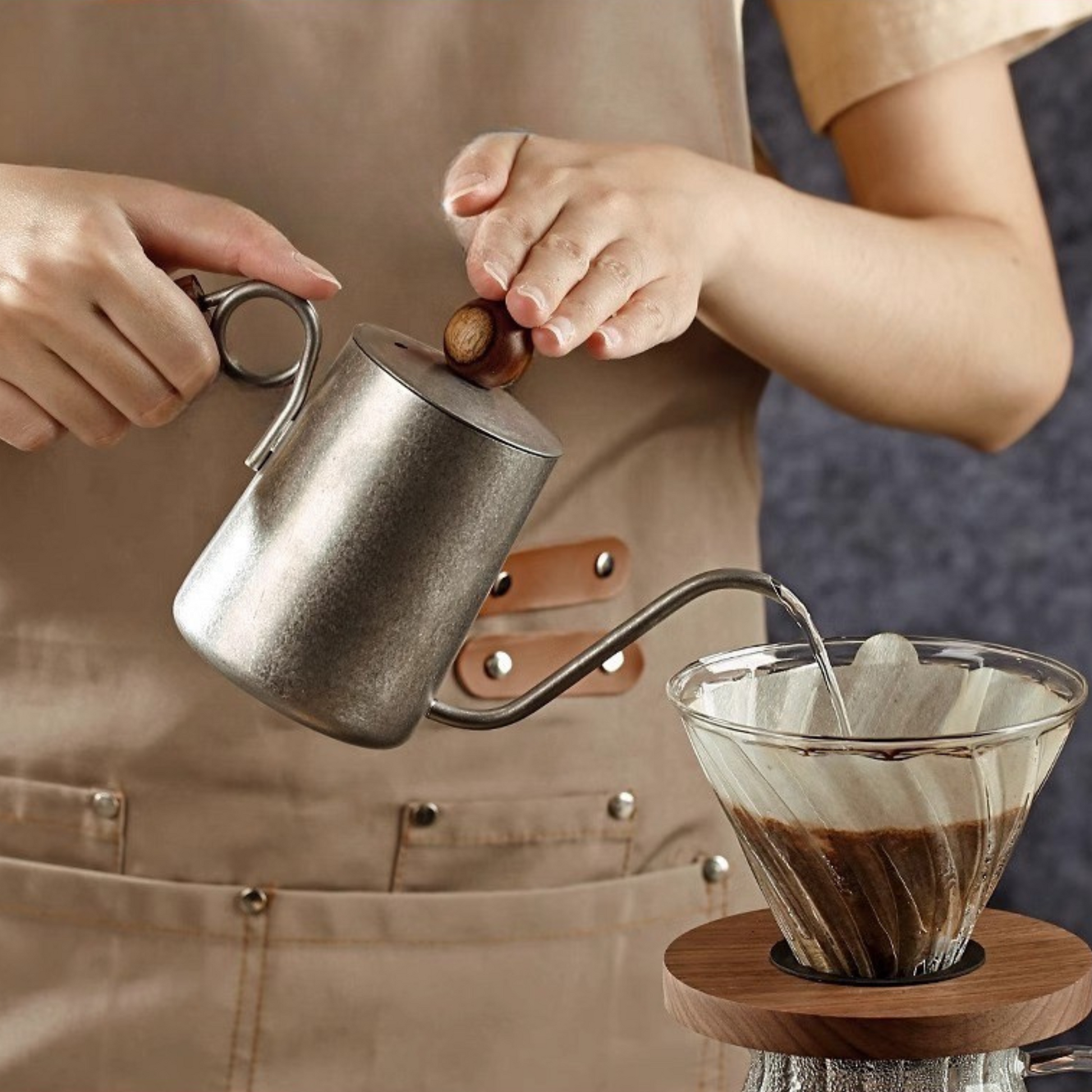 Coffee Pour Over Kettle with Wood Handle in Silver | Hand Drip Coffee Kettle With Wood Knob Lid