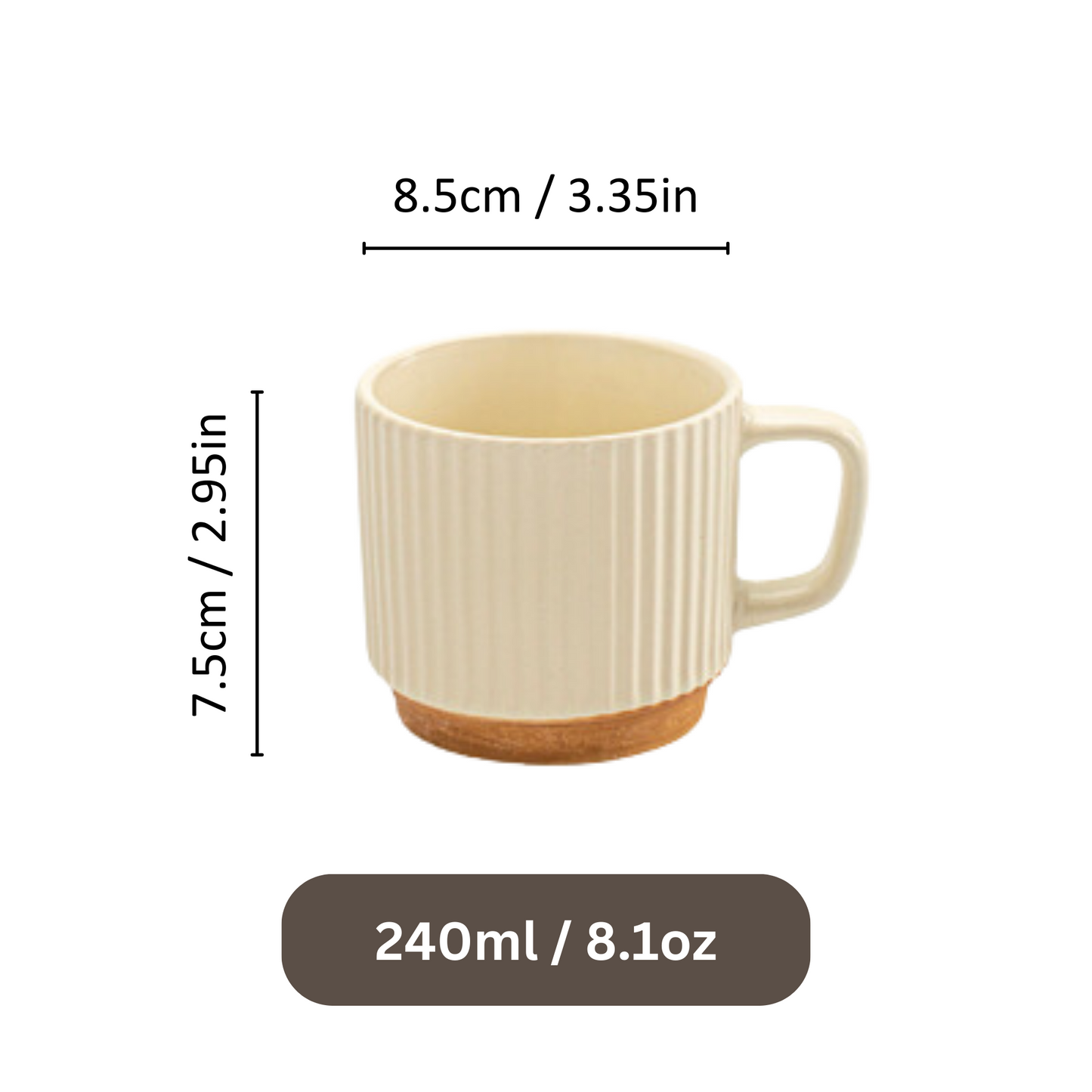 Ribbed Ceramic Mug | 250ML Japanese Style Retro Coffee Cup in Beige 8oz