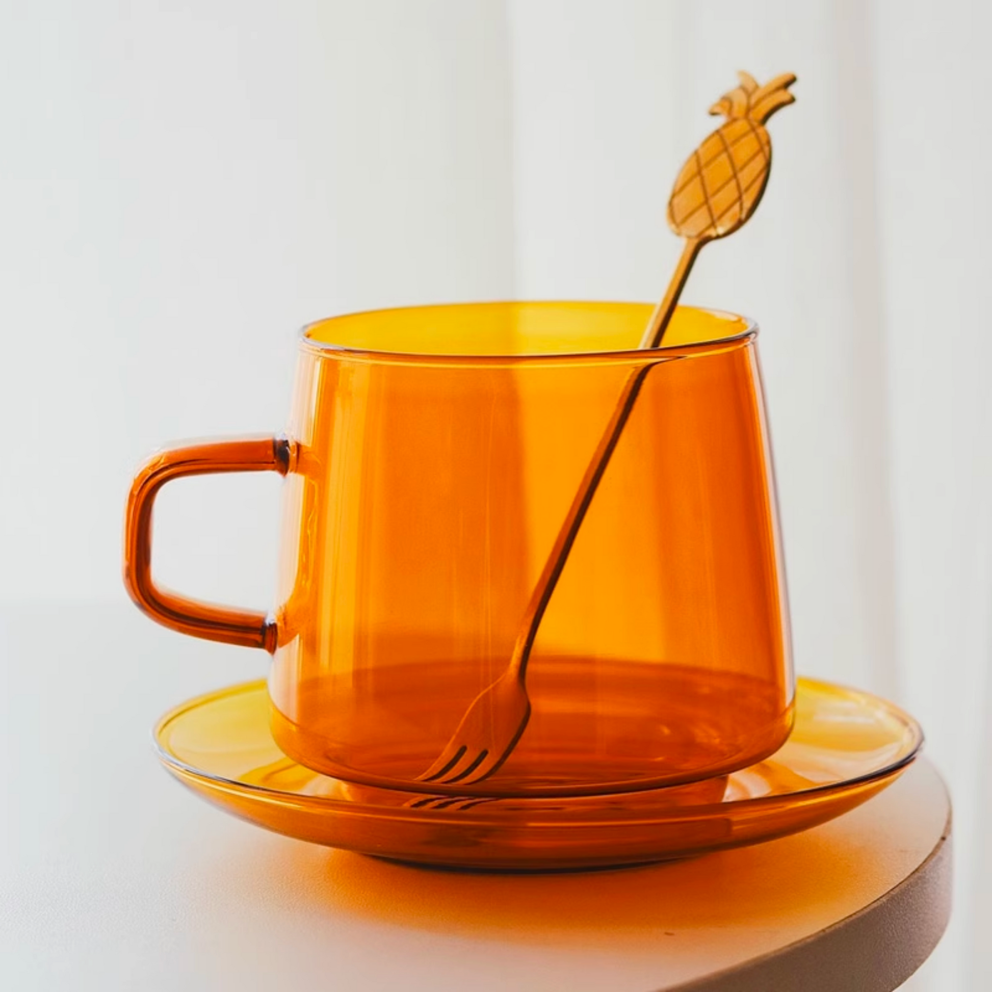 Handblown Amber Glass Cup and Saucer Set