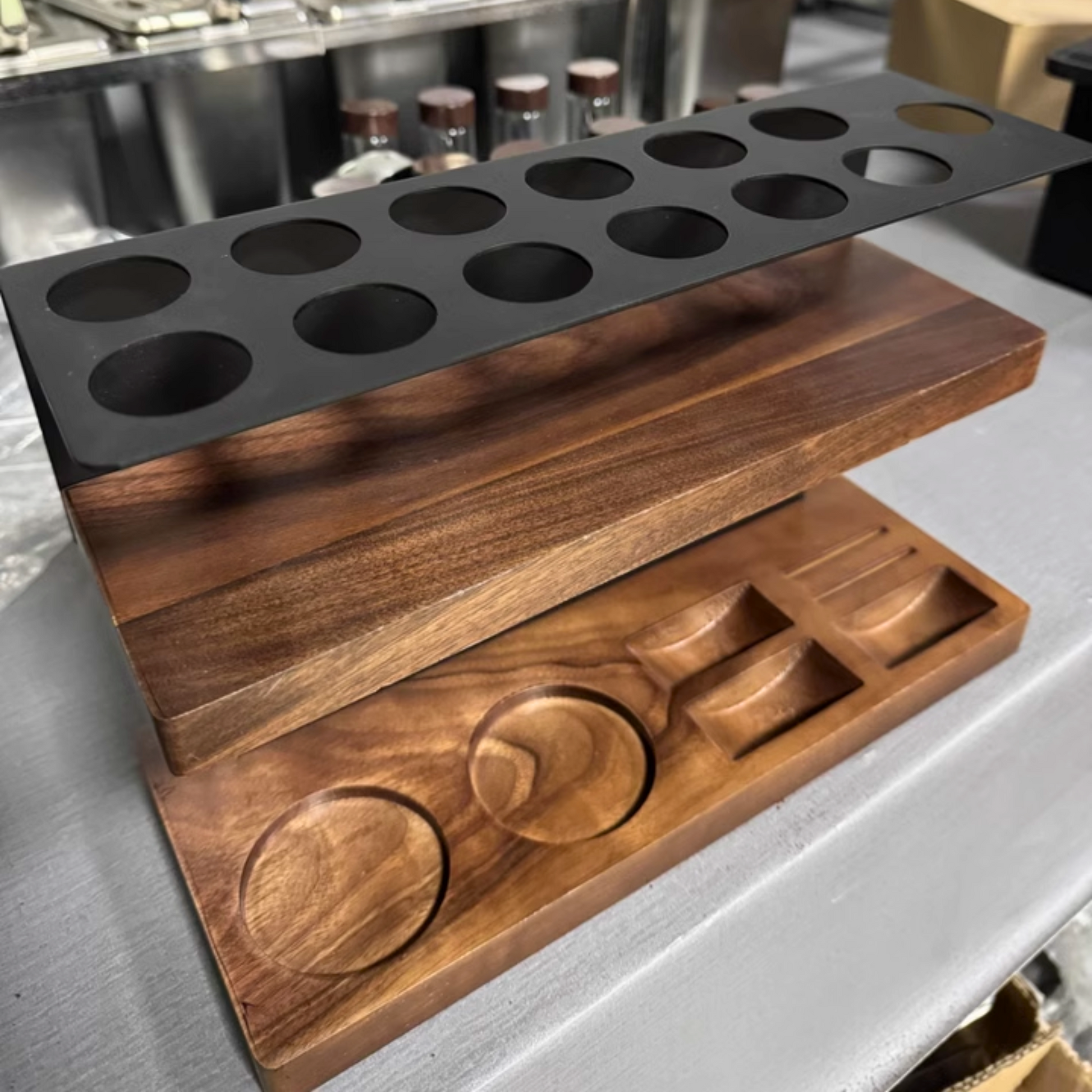 Coffee Bean Storage and Espresso Tools Rack Set | Barista Accessories Coffee Beans Storage Container Display Rack Walnut Tea Tube Bottle Glass Espresso Coffee Accessories