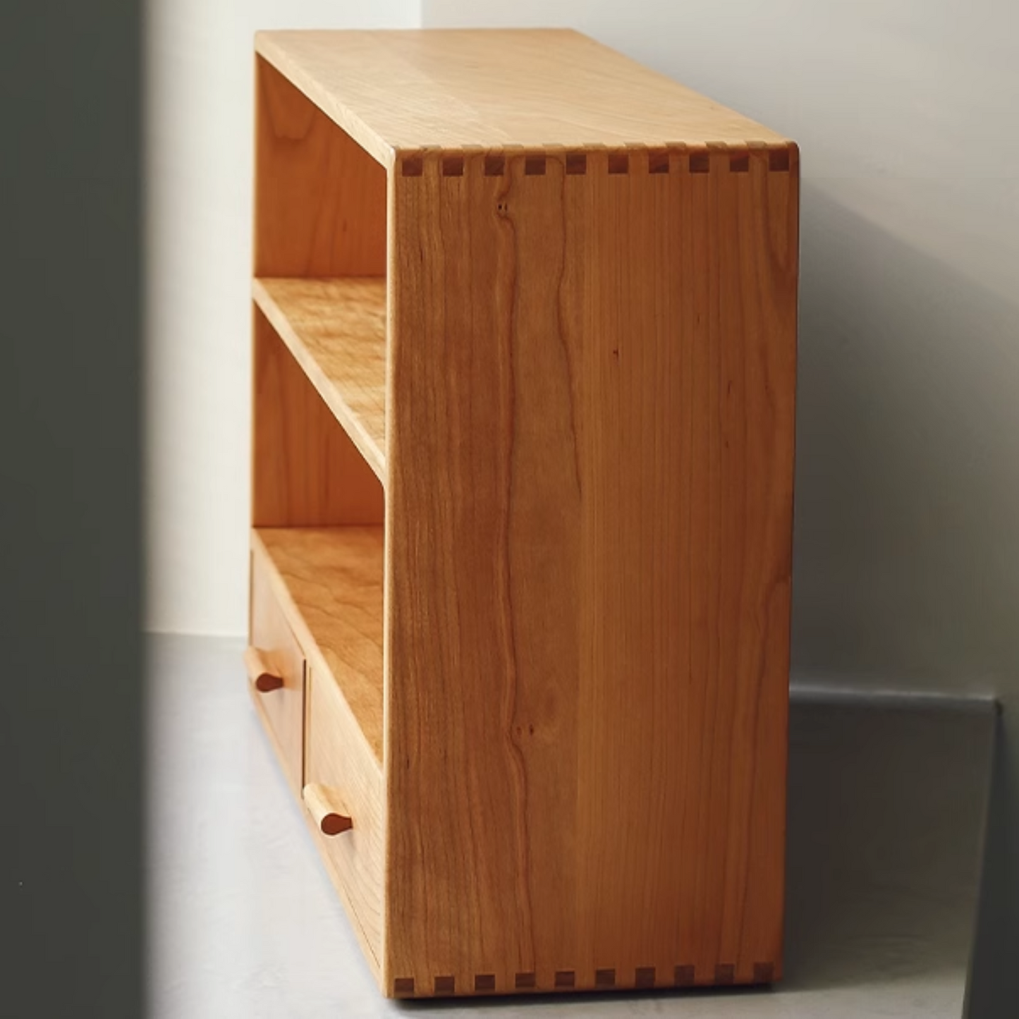 Cherry Wood Double Shelf With Drawers | Large Rustic 2 Tier Storage Cabinet 52 x 18 x 38.5cm