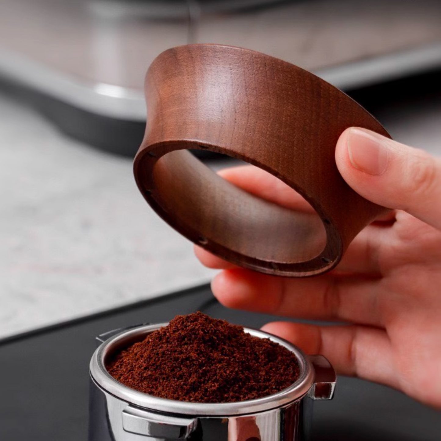 Walnut Wood Magnetic Portafilter Funnel | Coffee Catcher Dosing Ring designed for 58mm, 53mm, and 51mm portafilters for precise coffee dosing