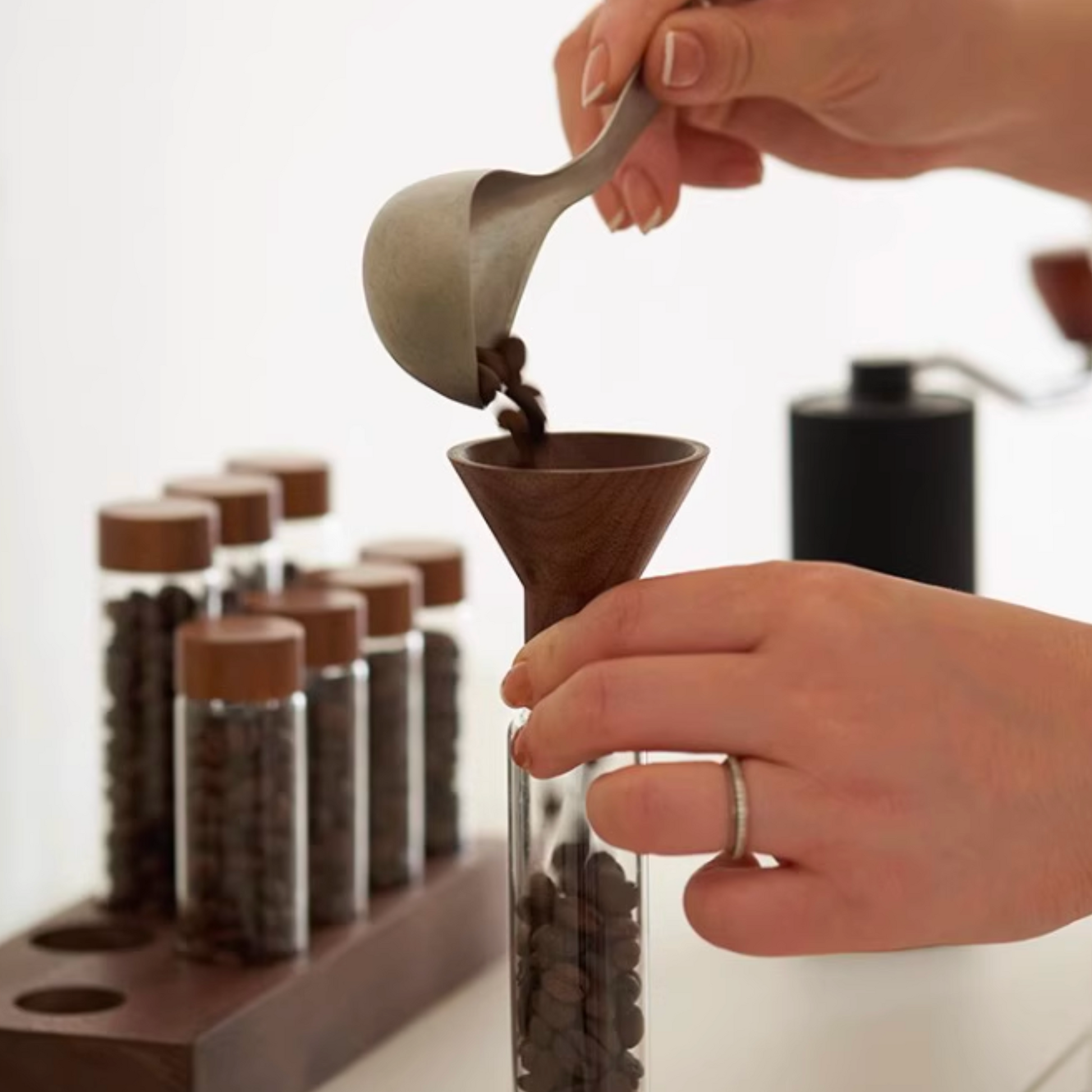 Single Dose Bean Cellar with Walnut Wood Display Rack and Funnel