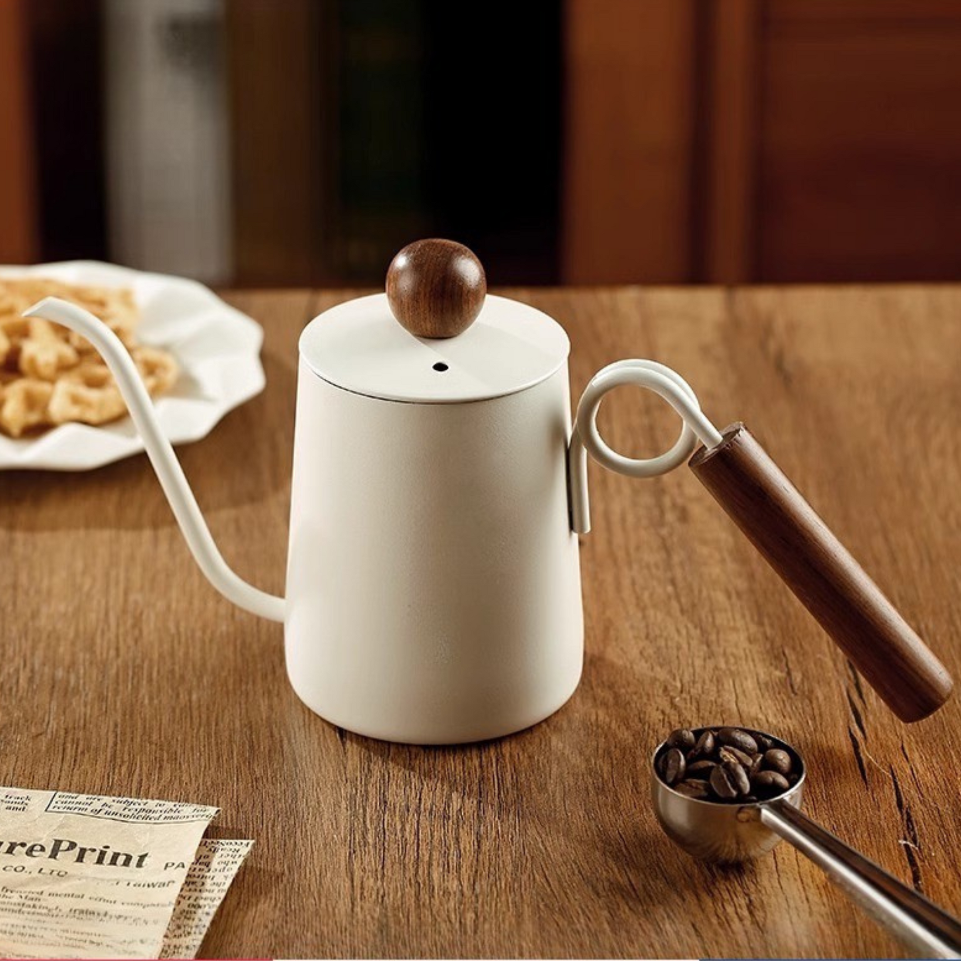 Coffee Pour Over Kettle with Wood Handle in White | Hand Drip Coffee Kettle With Wood Knob Lid