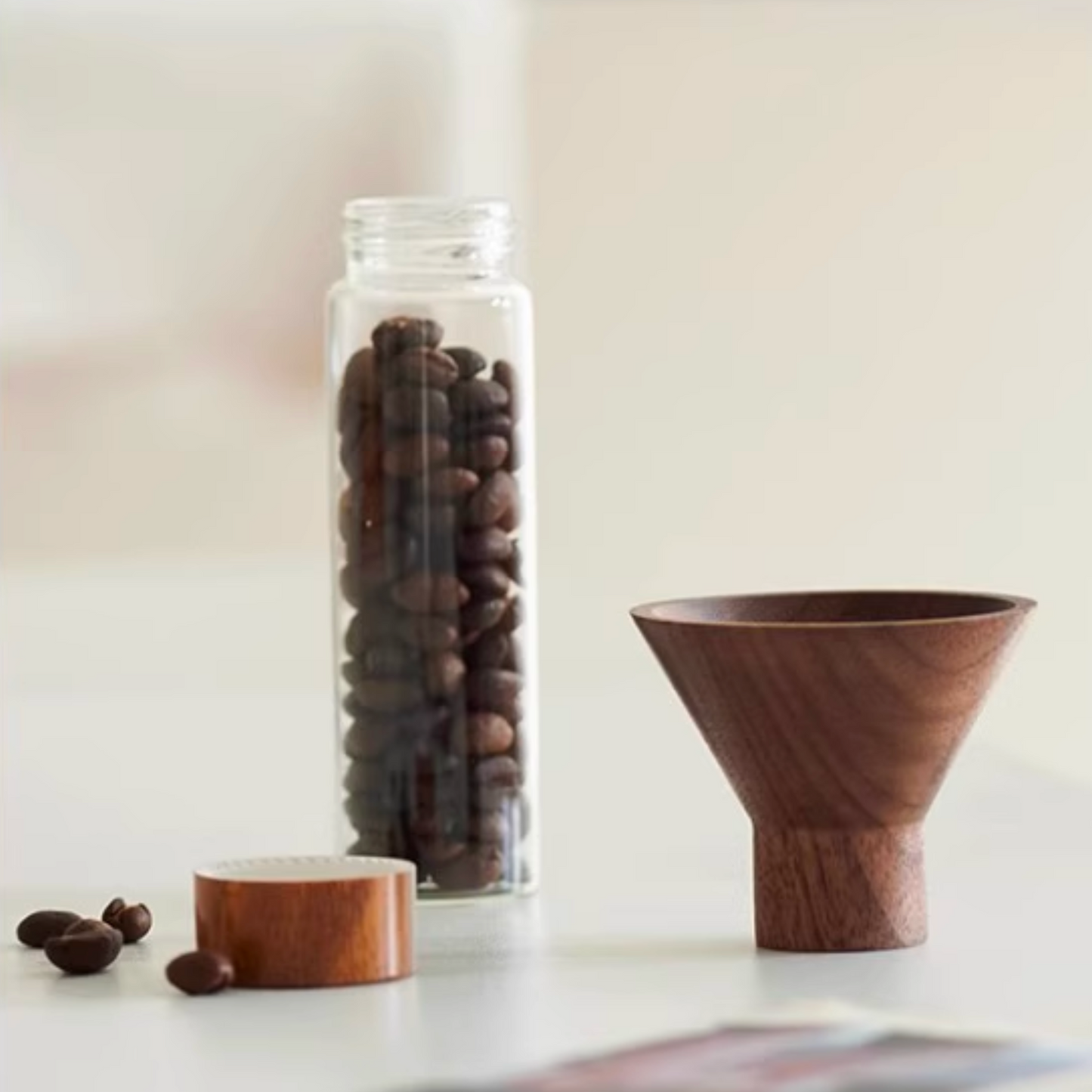Single Dose Bean Cellar with Walnut Wood Display Rack and Funnel