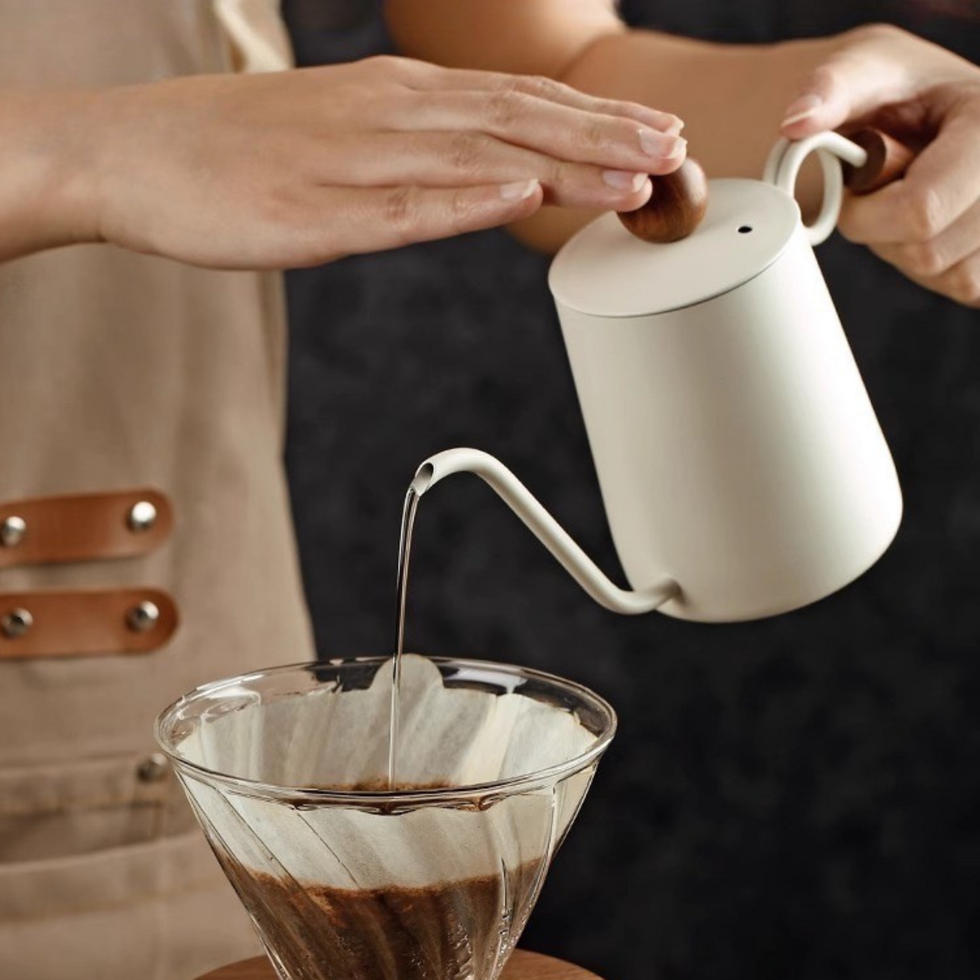 Coffee Pour Over Kettle with Wood Handle in White | Hand Drip Coffee Kettle With Wood Knob Lid