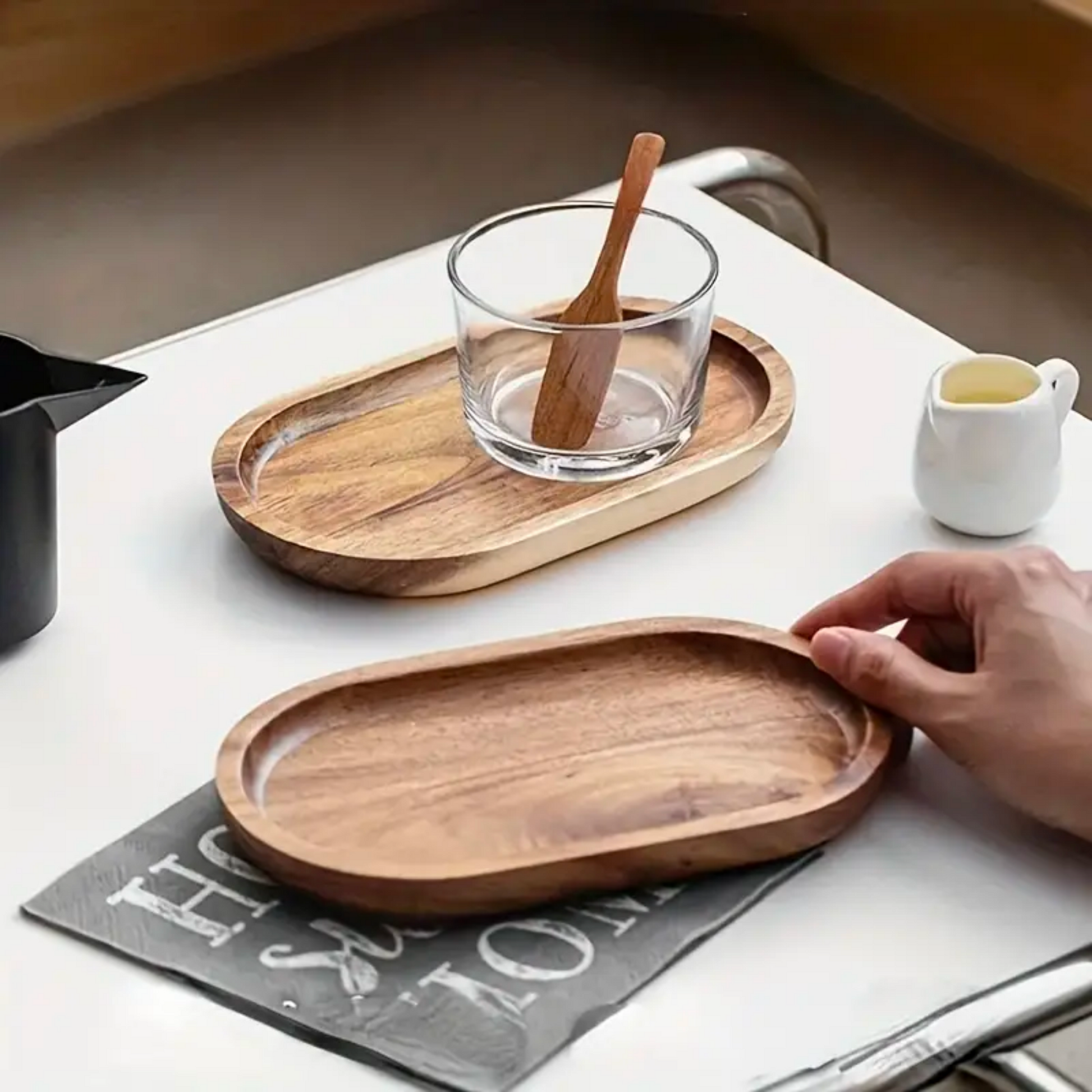 Wooden Oval Tray Set | Ceramic Cup, Teaspoon & Wood Tray Gift Set