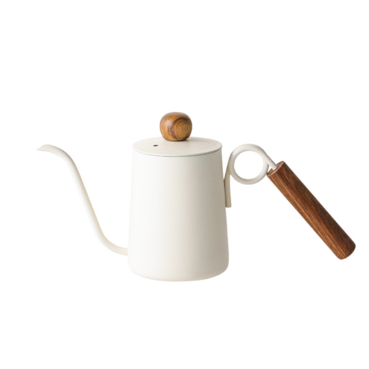 White Gooseneck Pour Over Kettle with Wood Handle | Hand Drip Coffee Kettle With Wood Knob Lid