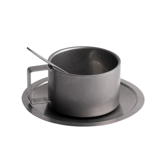 Retro Steel Coffee Cup with Saucer and Spoon - 200ml | Vintage Cup Set Chrome Metal Mug Cappucino Cup