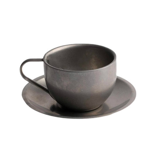 Retro Steel Coffee Cup with Saucer and Spoon - 180ml | 6oz Cappuccino Cup Coffee Ware Chrome Metal Coffee Mug