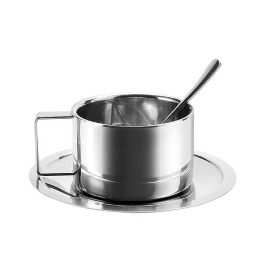 Mirror Steel Coffee Cup with Saucer and Spoon | Metal Cappucino Cup Set Gift For Him Airbnb Host