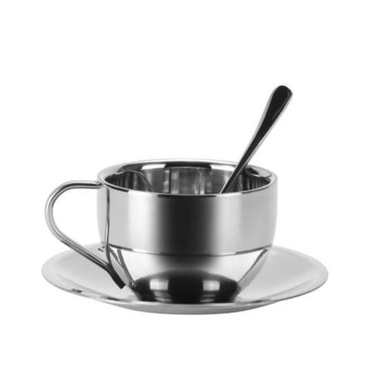 Mirror Steel Coffee Cup with Saucer and Spoon - 180ml | Metal Tea Cup Chrome Metal Coffee Mug Gift Set