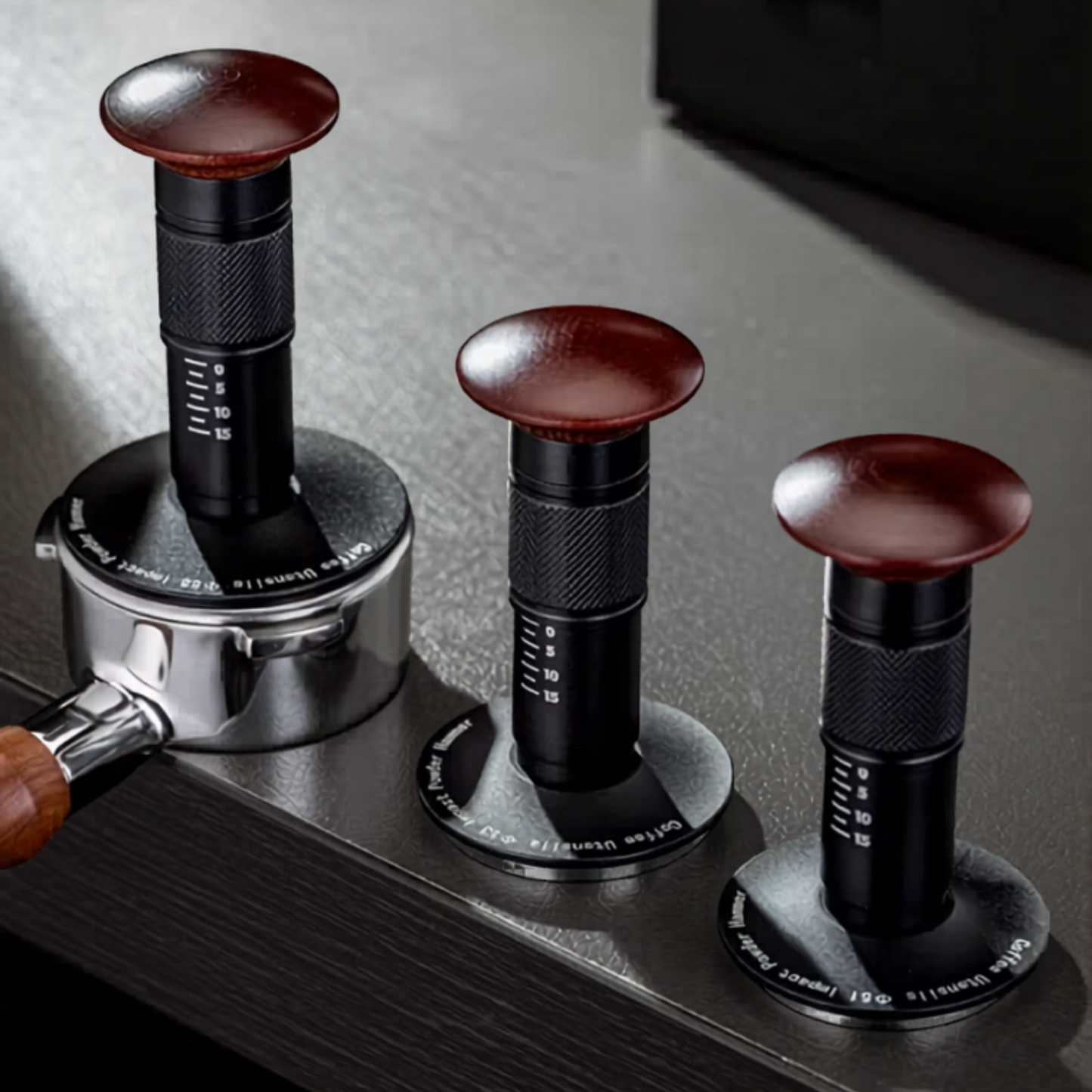 58mm, 53mm and 51mm adjustable dynamometric coffee tamper with wooden handle
