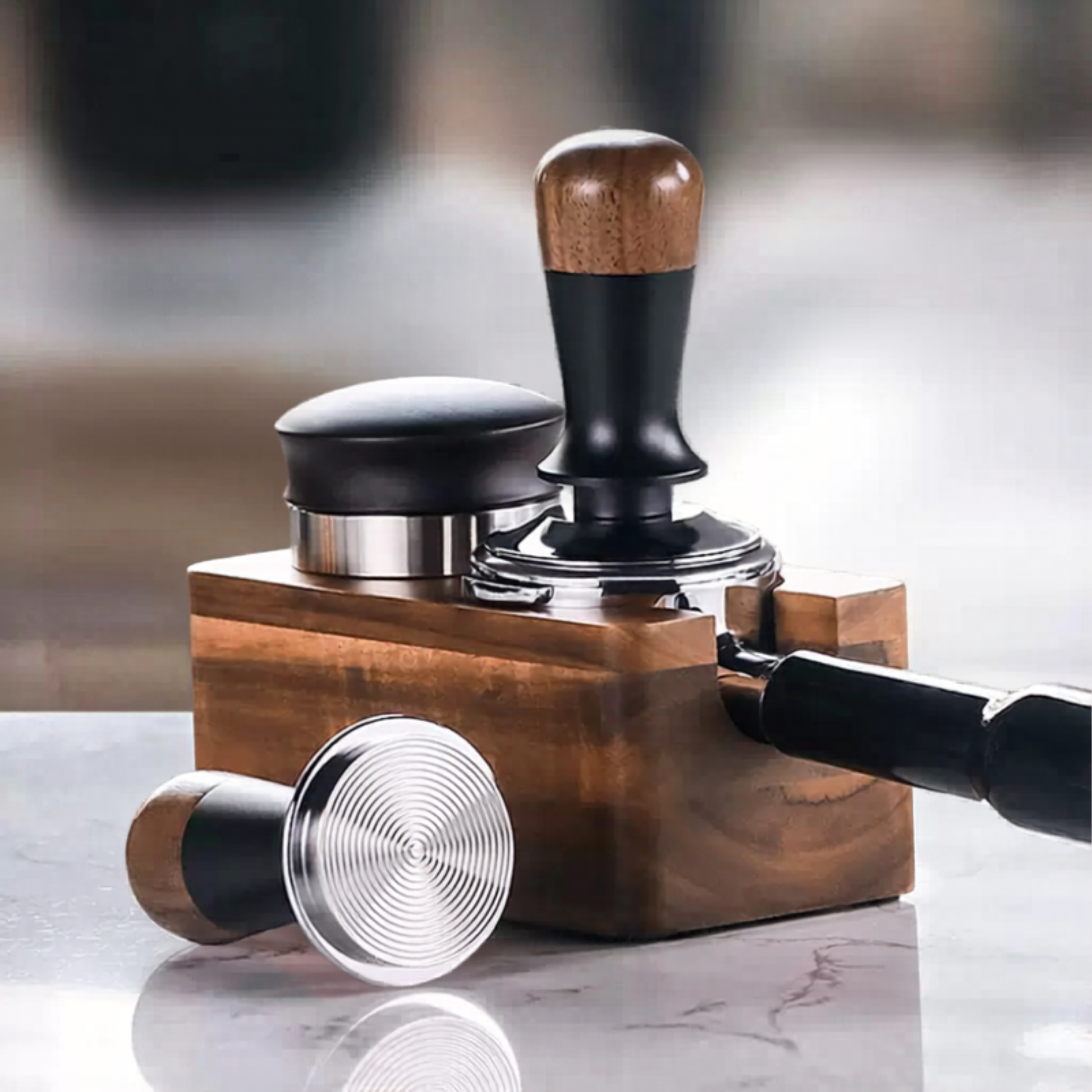 Flat base espresso tamper with walnut wood handle and stainless steel finish for precise coffee distribution