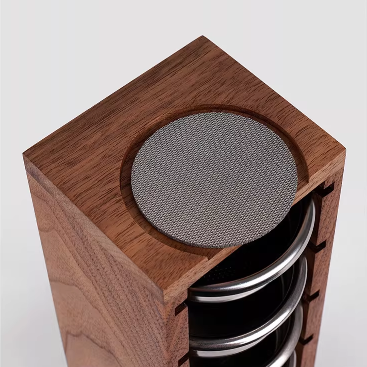 Vertical coffee basket organiser stand with top puck screen, perfect for home baristas.