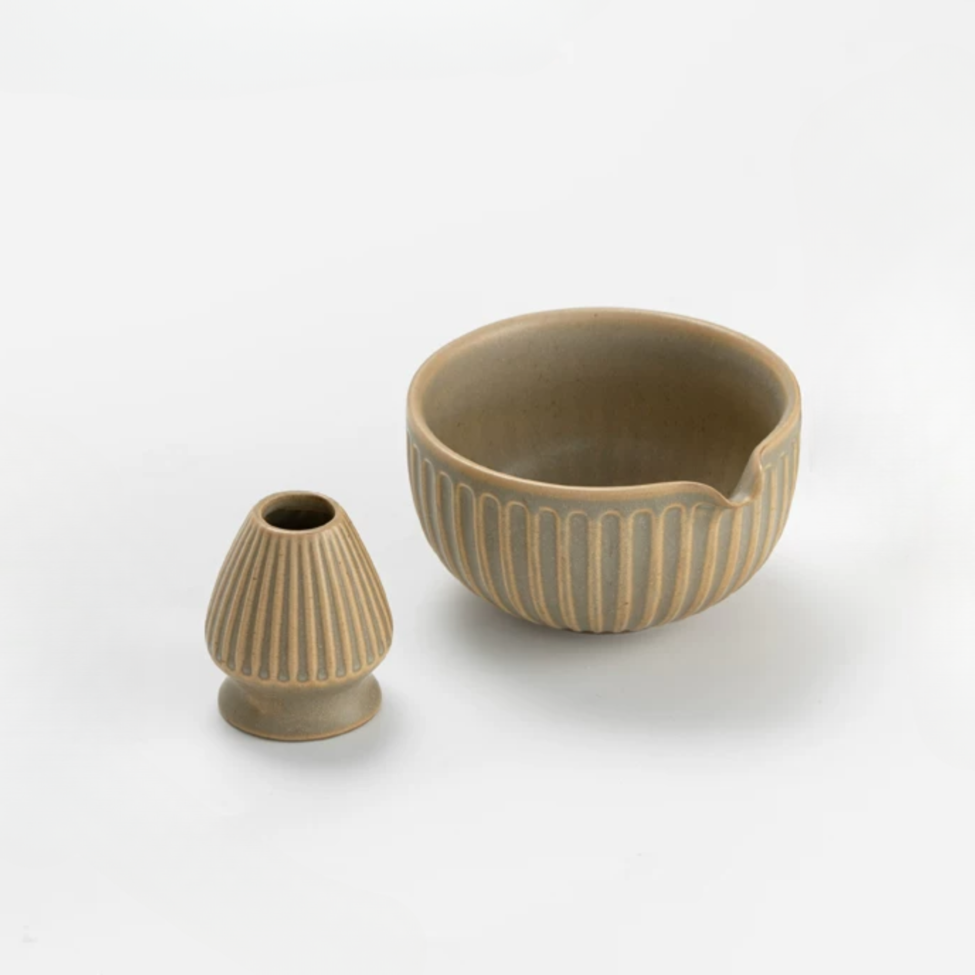 Sunflower-inspired ceramic matcha bowl with integrated pouring spout for smooth, spill-free whisking