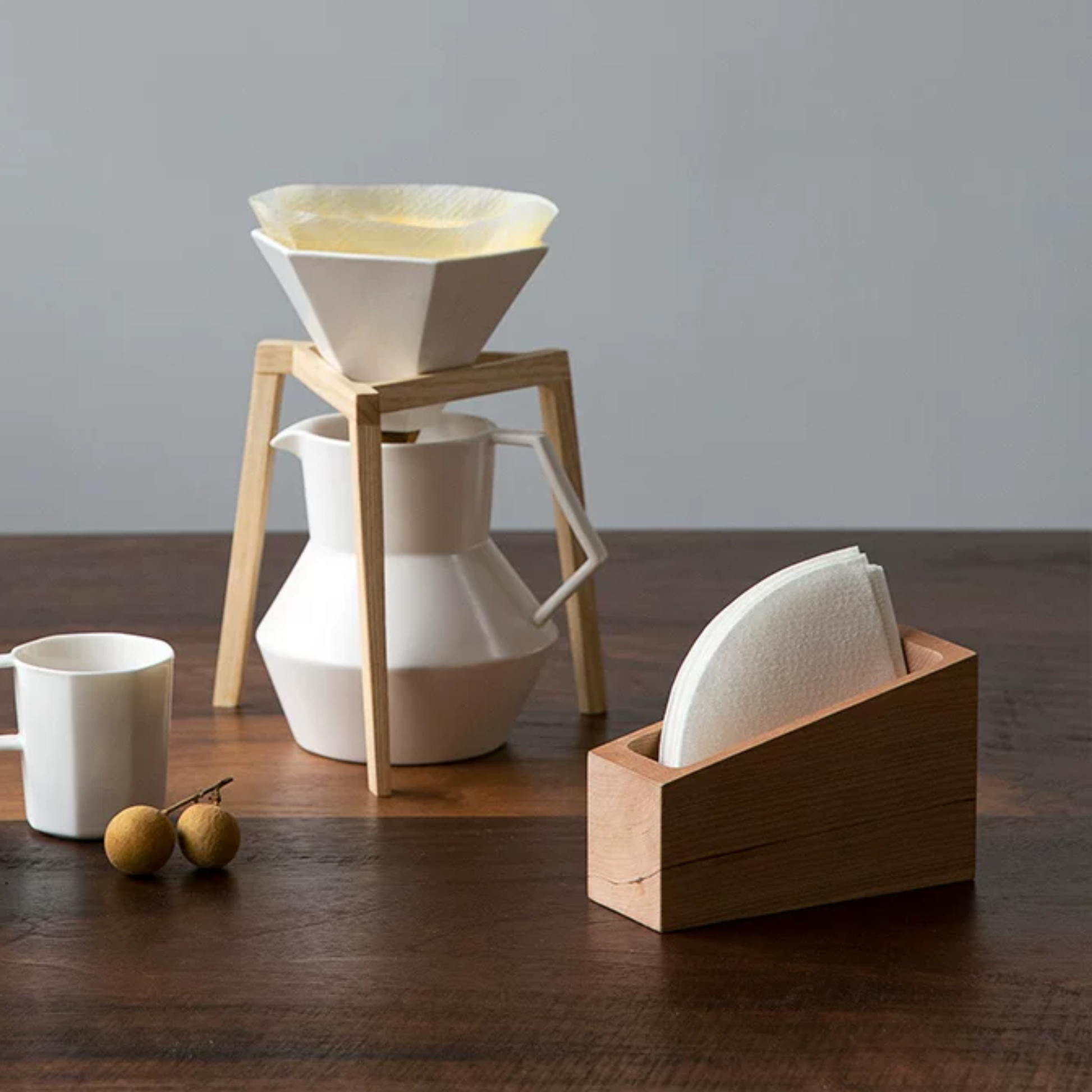 Handcrafted solid wood V60 filter paper holder for home coffee bar, fits V01 and V02 pour over filters, elegant walnut or cherry wood design