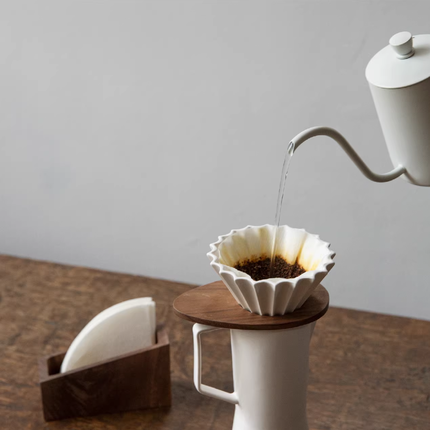 Handcrafted solid wood V60 filter paper holder for home coffee bar, fits V01 and V02 pour over filters, elegant walnut or cherry wood design