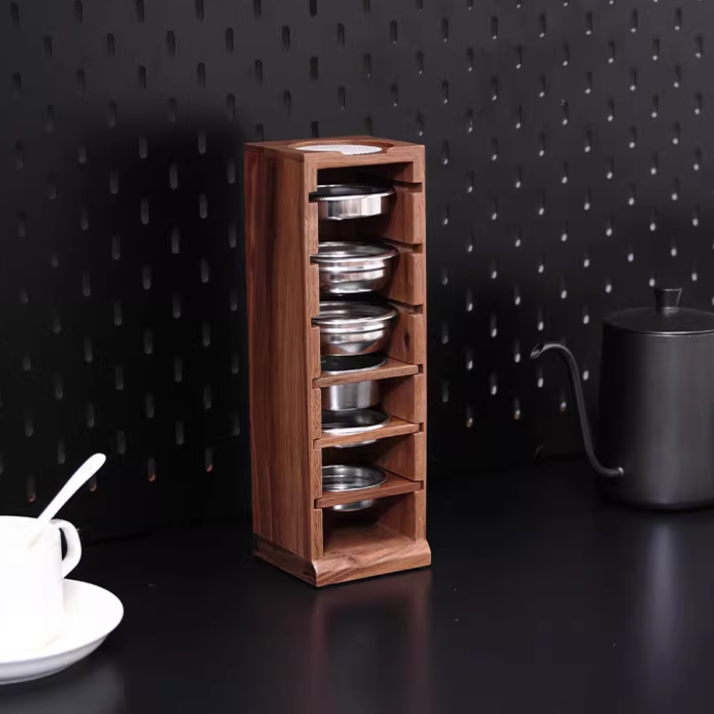 Vertical coffee basket organiser stand with top puck screen, perfect for home baristas.