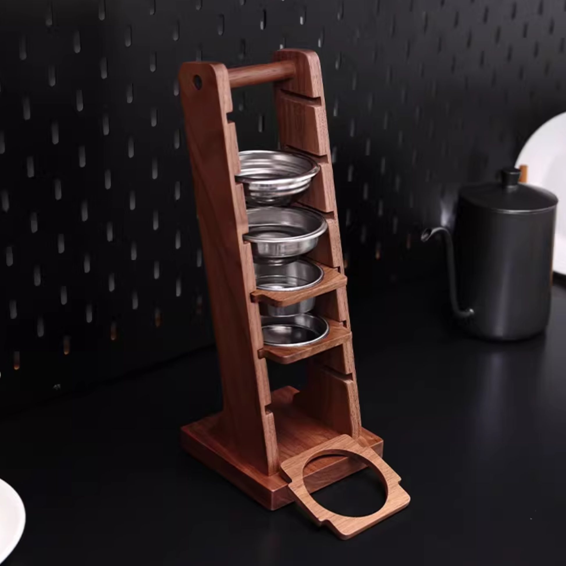 Premium wooden espresso basket holder for 6 baskets, durable and elegant.