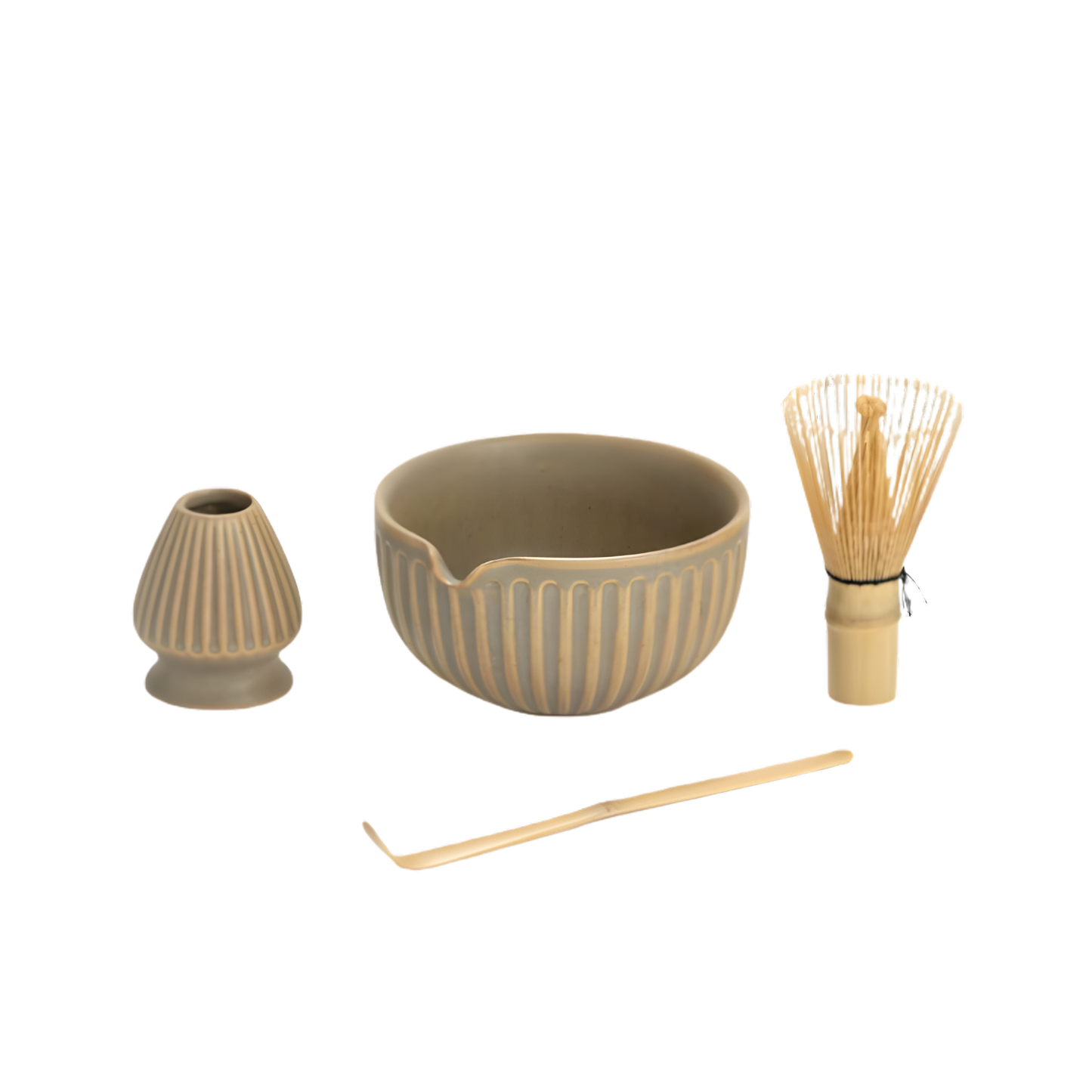 Handmade Ceramic Matcha Set with bamboo whisk, scoop and whisk holder on minimalist background
