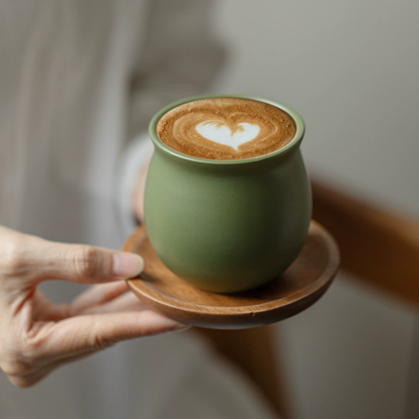 Minimalist cappuccino coffee cups on coffee bar, stoneware cups designed for mindful coffee rituals and everyday home barista use