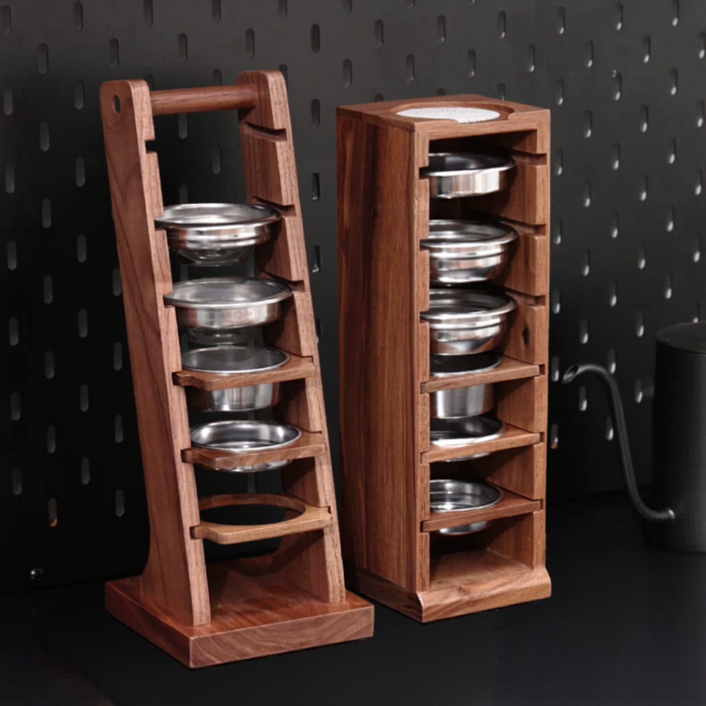 Espresso basket storage rack for 58mm, 54mm, 53mm, 51mm baskets in home café setup.