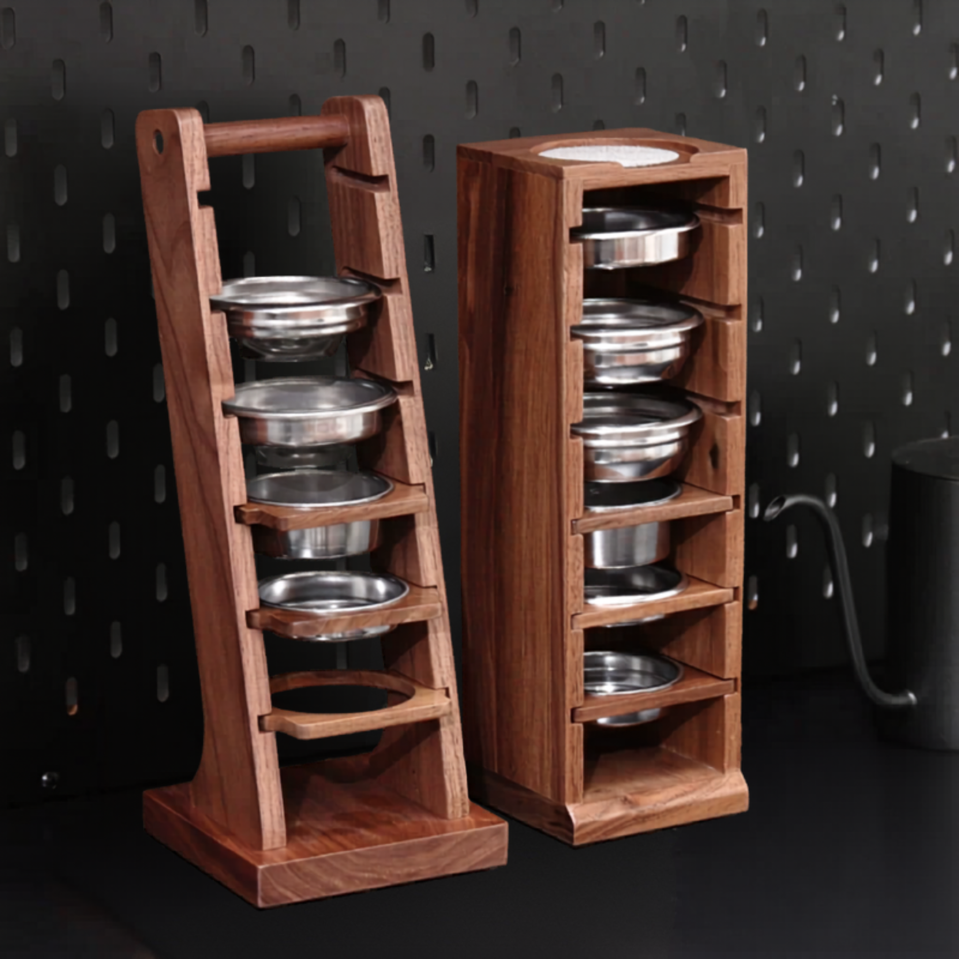 Espresso basket storage rack for 58mm, 54mm, 53mm, 51mm baskets in home café setup.