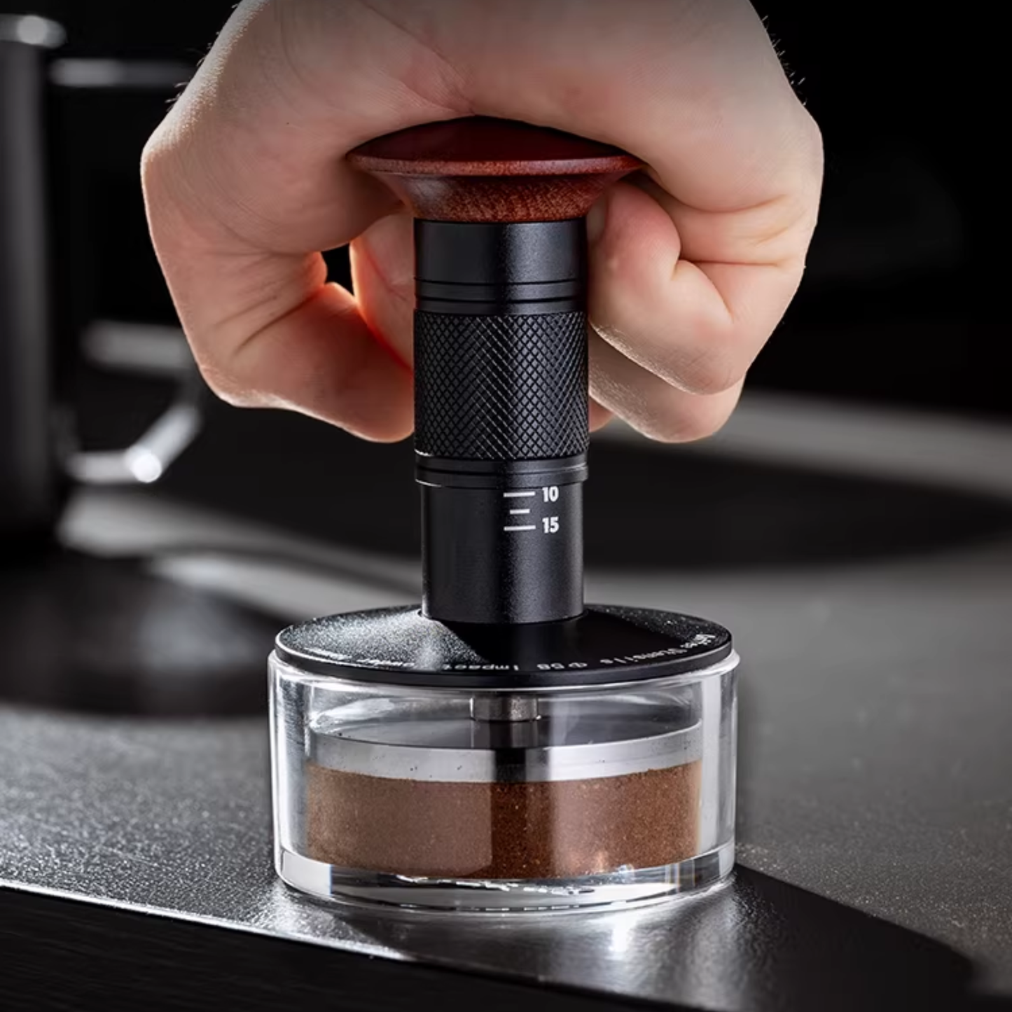 Wooden handle coffee tamper with pressure control