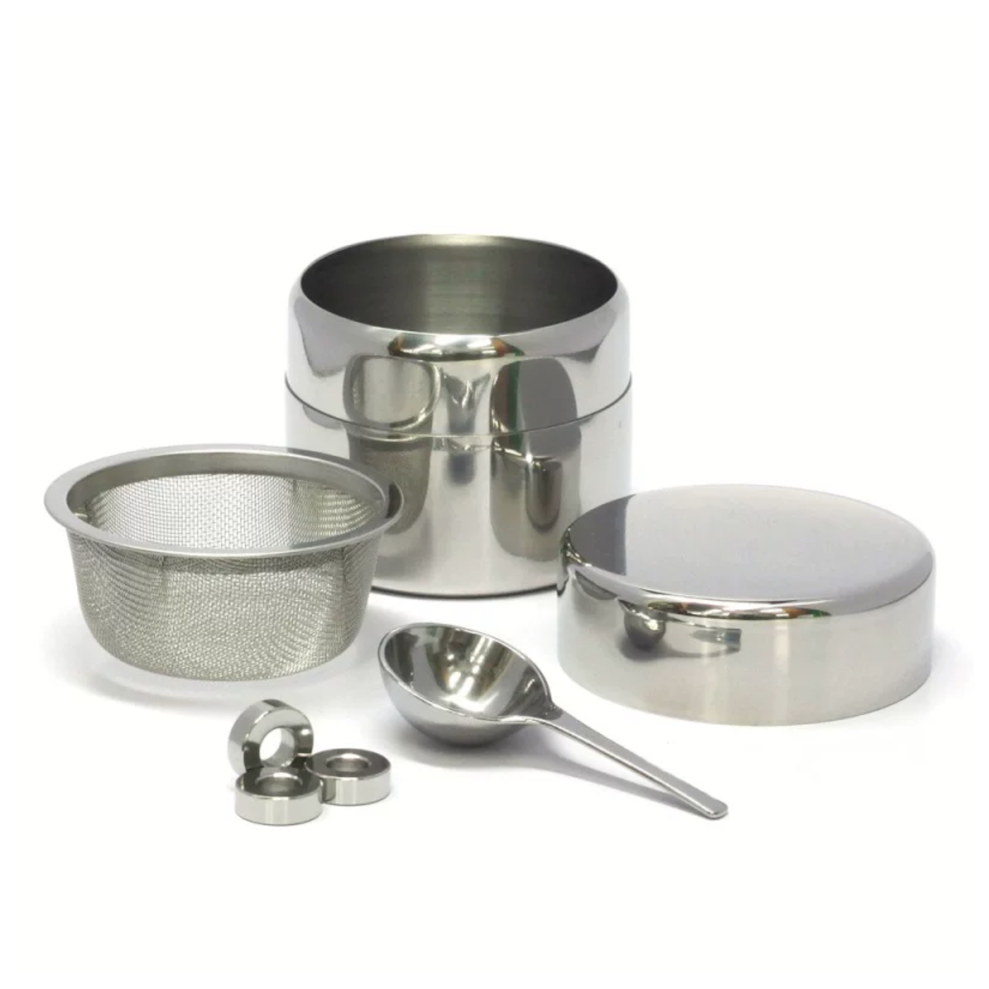 Full Kondo-san Matcha Sifter Set including the stainless steel tin, fine-mesh screen, airtight lid, and spatula for a lumpless tea ceremony