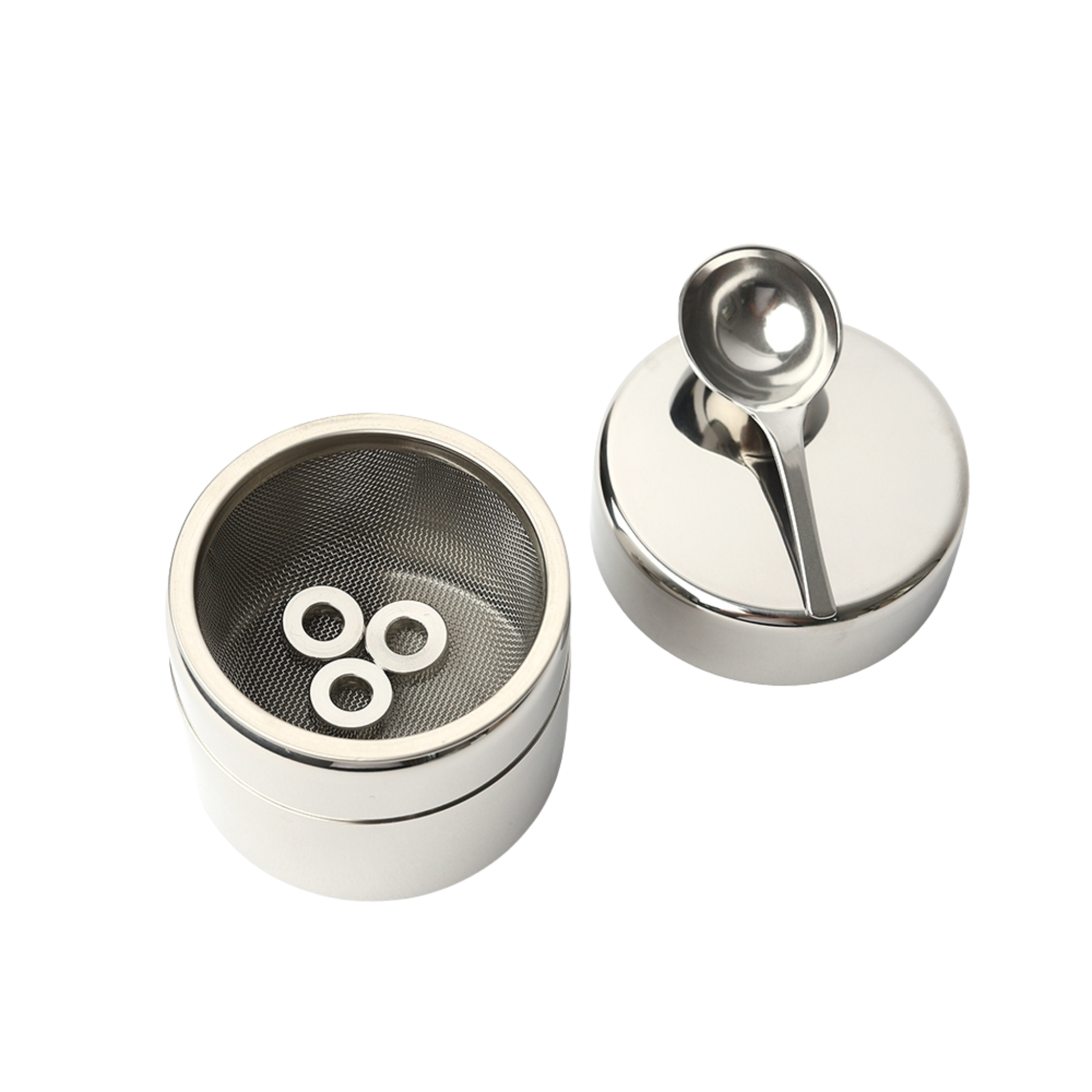 Full Kondo-san Matcha Sifter Set including the stainless steel tin, fine-mesh screen, airtight lid, and spatula for a lumpless tea ceremony