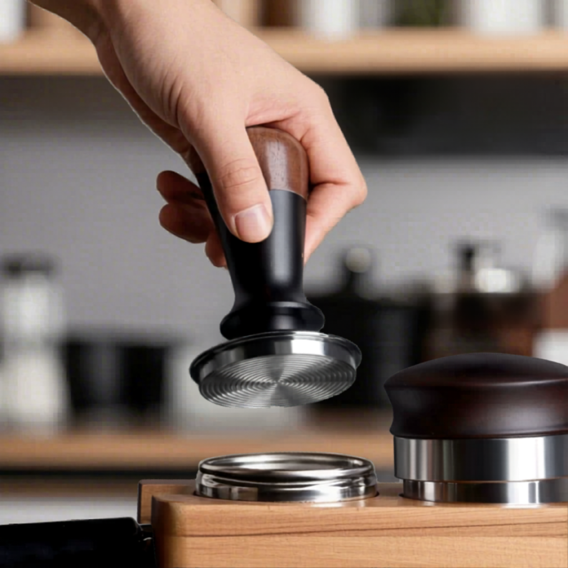 Walnut calibrated espresso tamper with ergonomic wooden handle and stainless steel ripple base for even coffee tamping