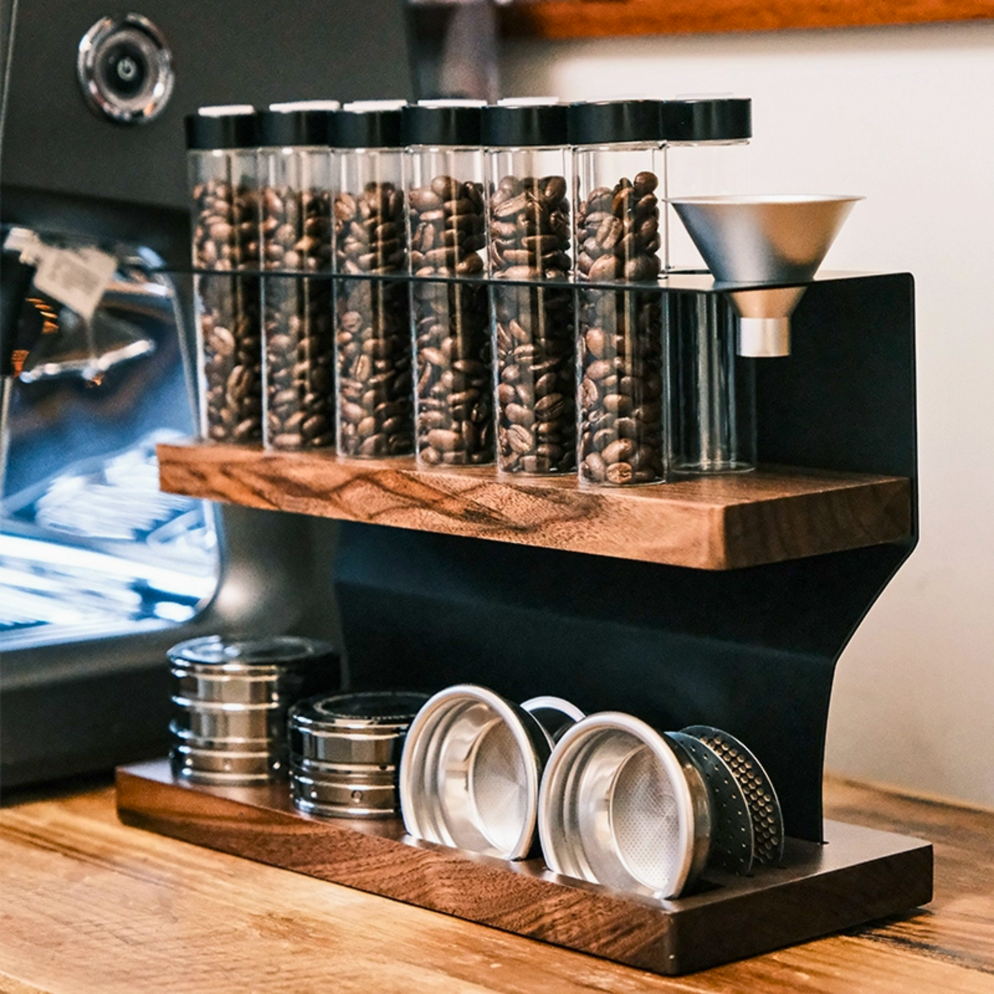 Coffee Bean and Espresso Tools Storage Rack Set | Barista Accessories Coffee Beans Storage Container Display Rack Walnut Tea Tube Bottle Glass Espresso Coffee Accessories