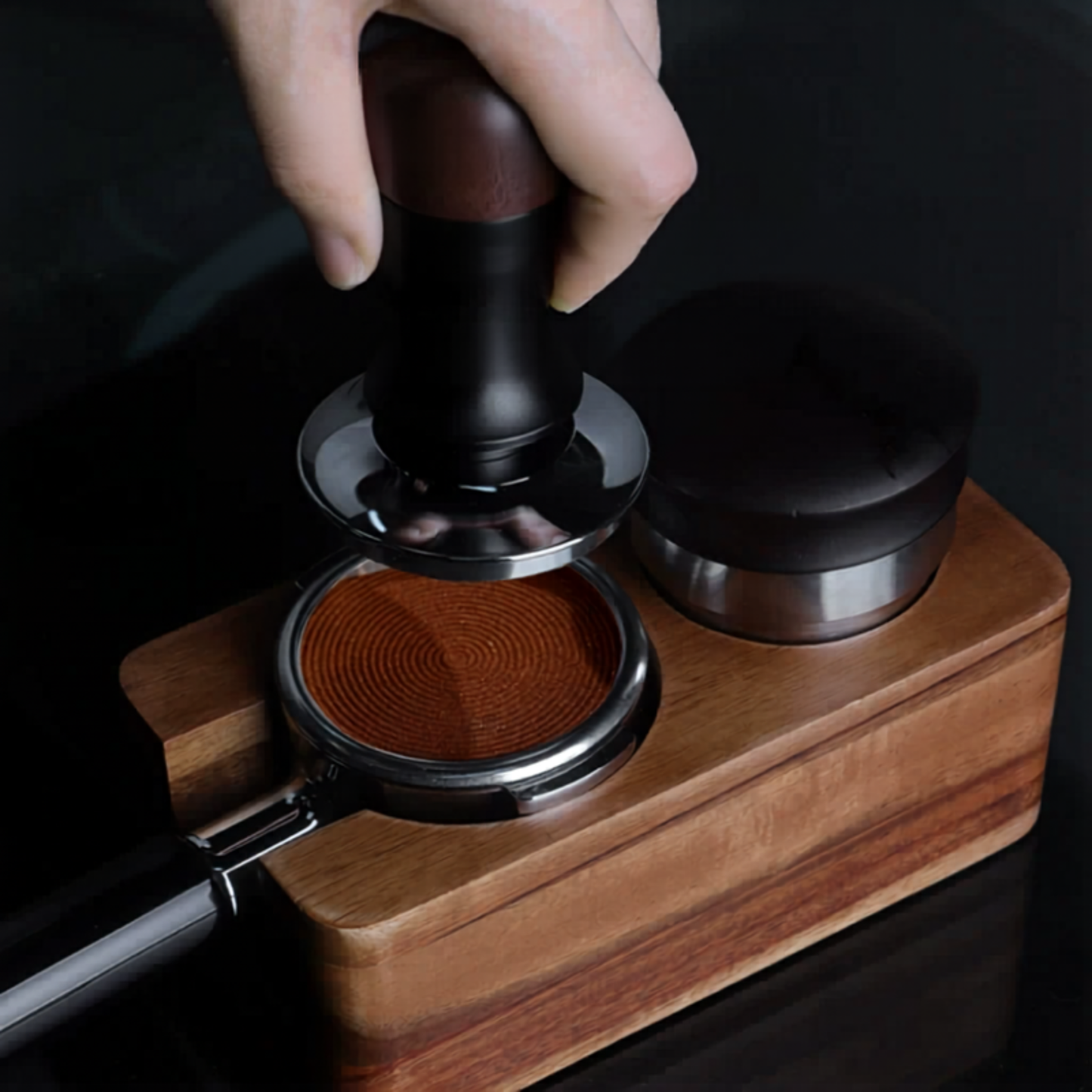 Walnut calibrated espresso tamper with ergonomic wooden handle and stainless steel ripple base for even coffee tamping