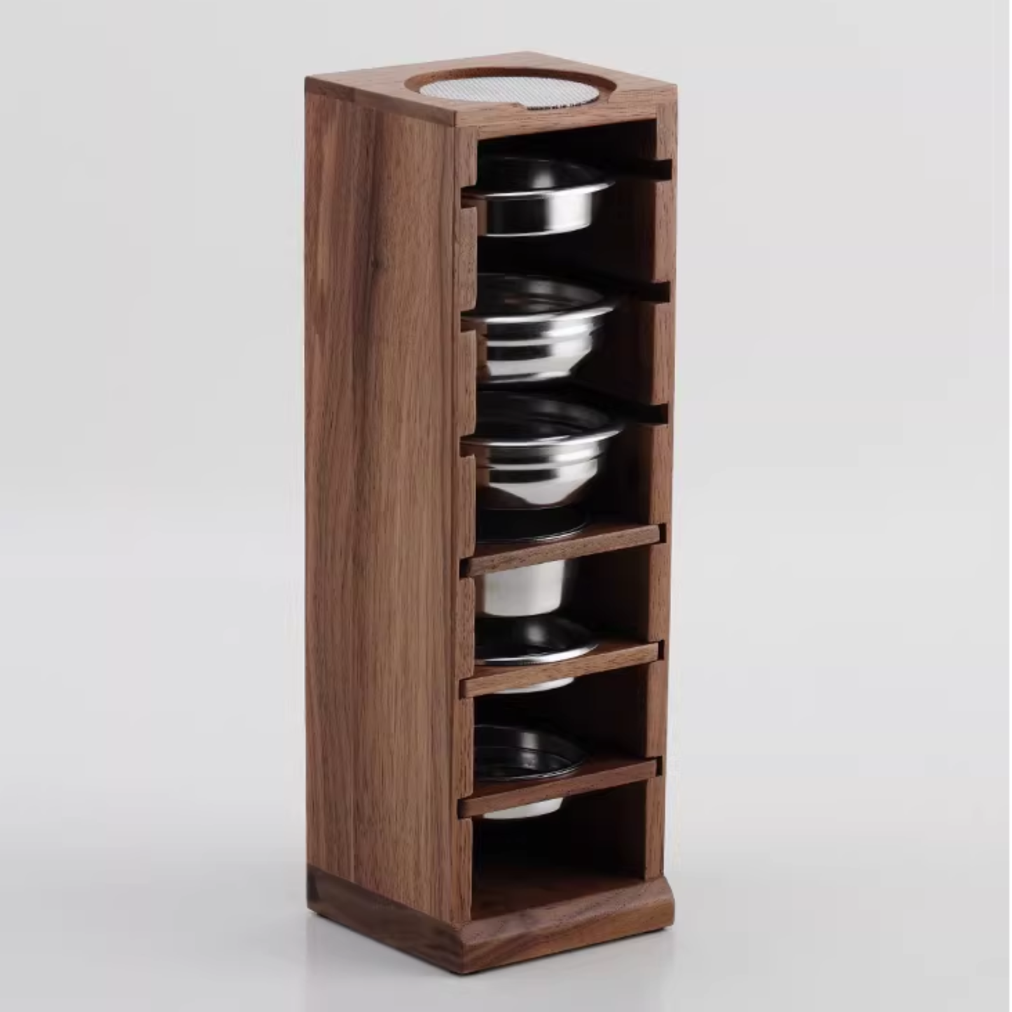 Home barista espresso basket stand with top screen holder for organised workflow.