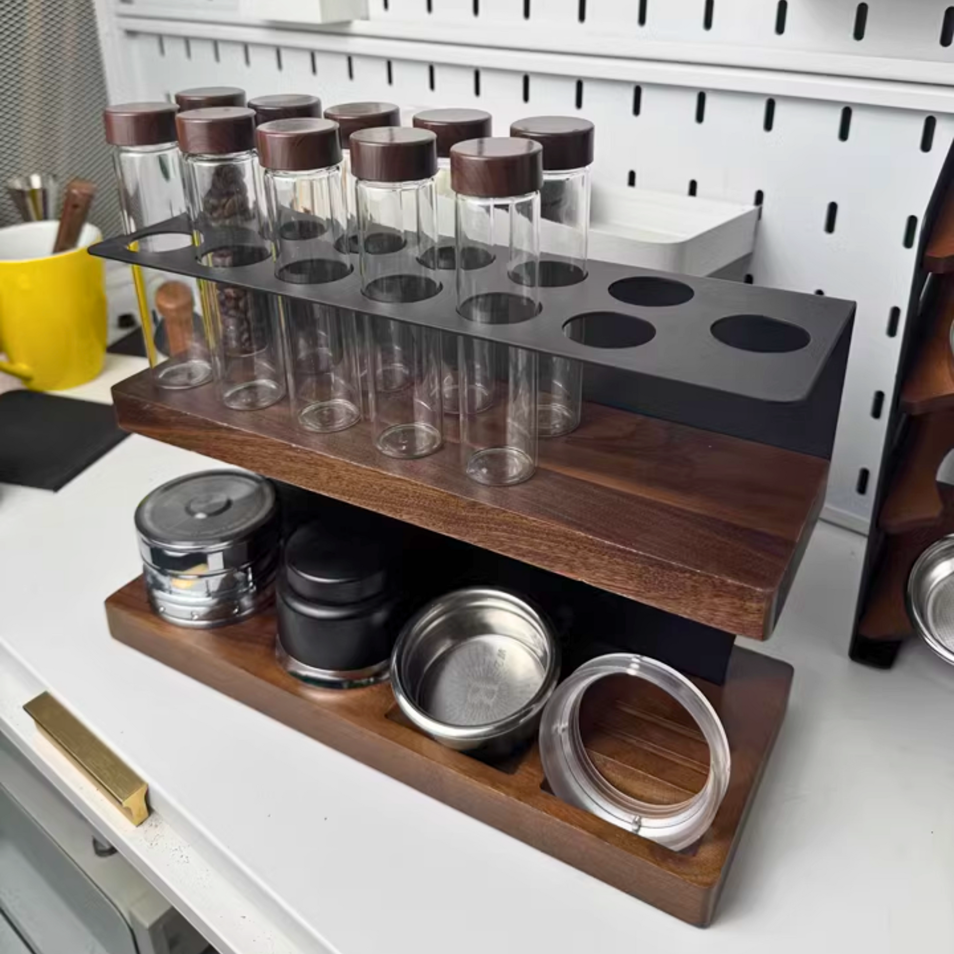 Coffee Bean and Espresso Tools Storage Rack Set | Barista Accessories Coffee Beans Storage Container Display Rack Walnut Tea Tube Bottle Glass Espresso Coffee Accessories