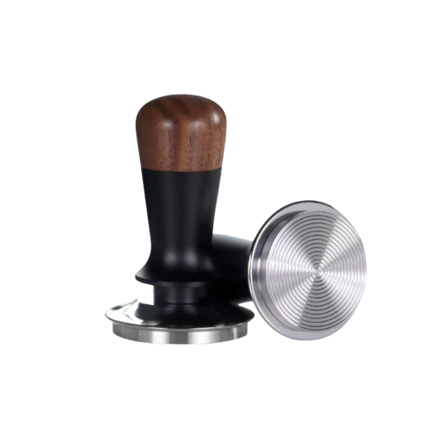 Walnut espresso tamper with flat stainless steel base designed for consistent and beginner-friendly espresso tamping