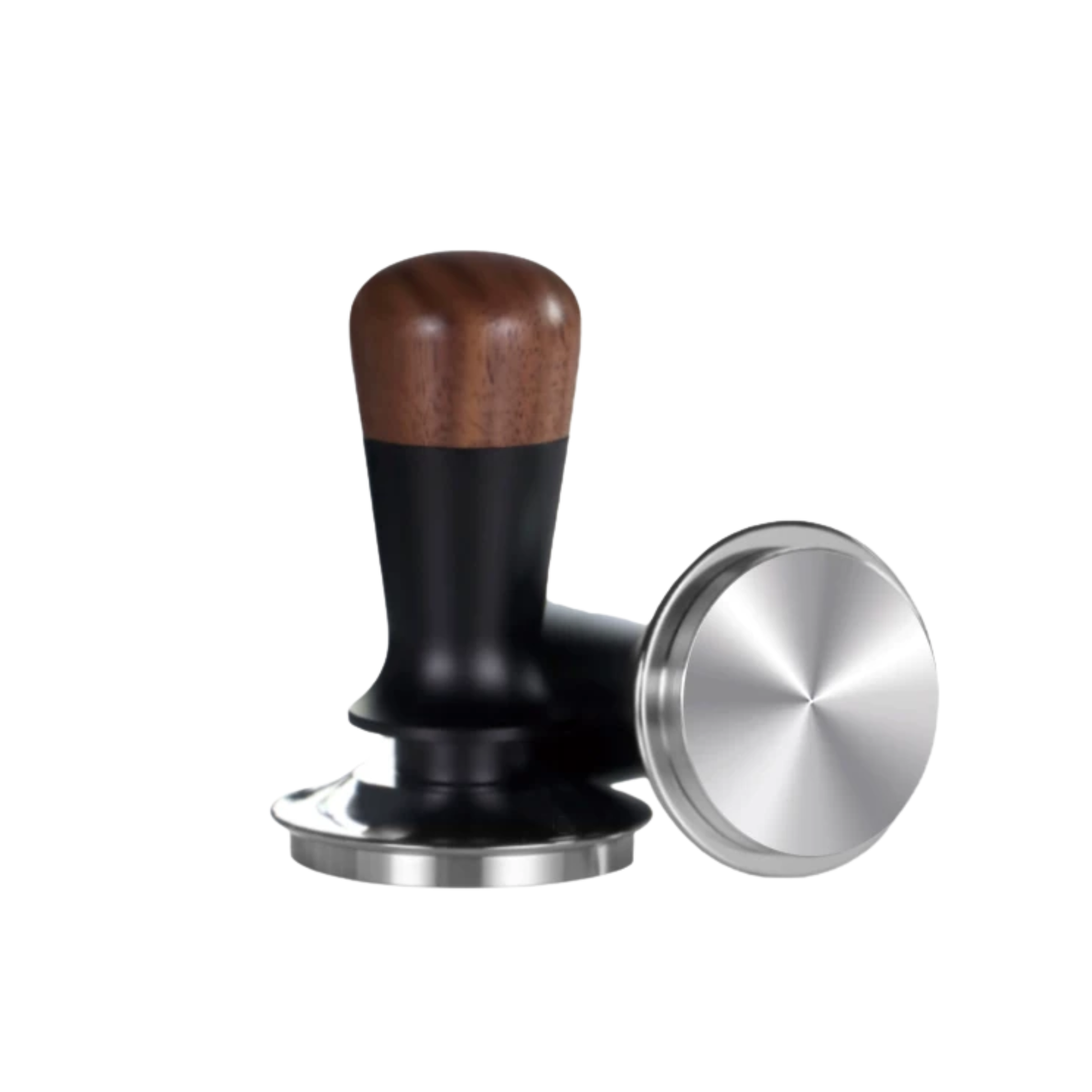 Spring-loaded walnut coffee tamper with food-safe stainless steel base for home barista espresso preparation