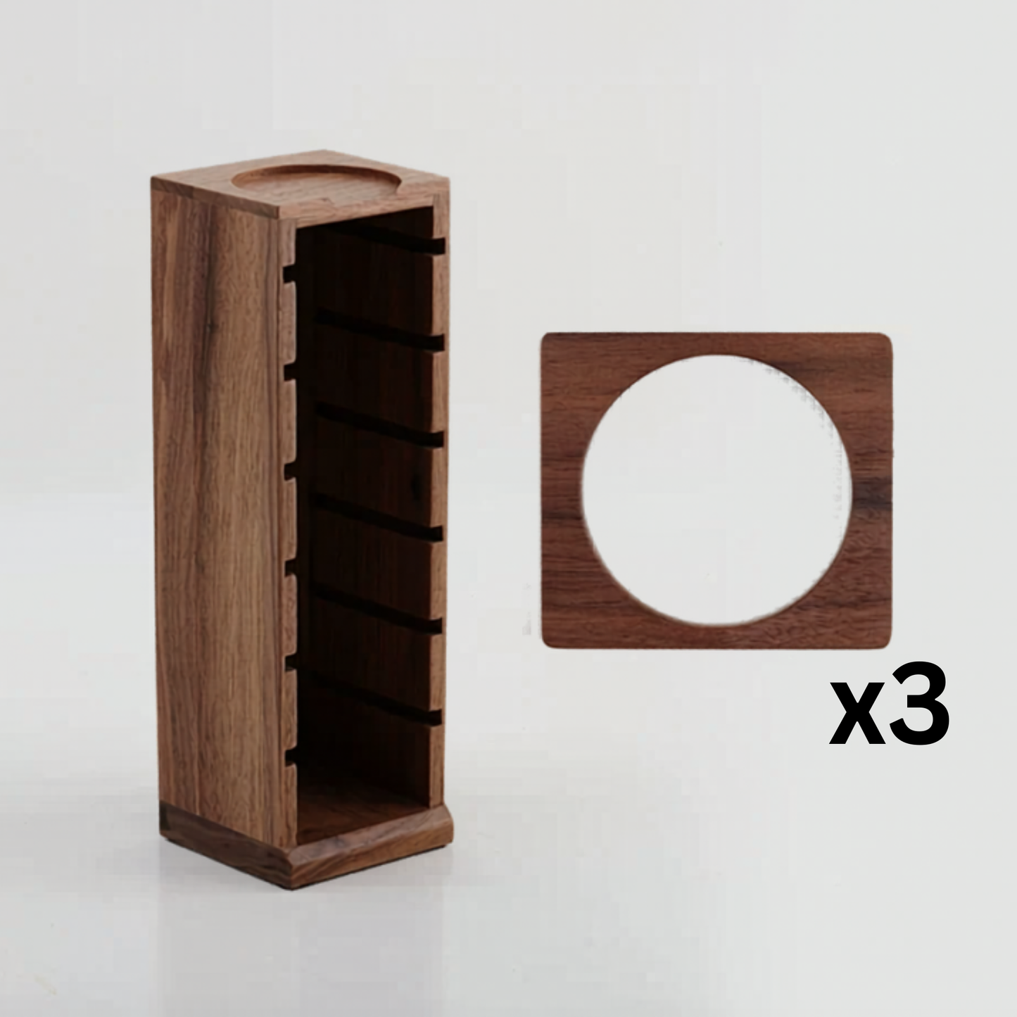 Espresso basket organiser for keeping 58mm, 54mm, 53mm, and 51mm baskets upright.
