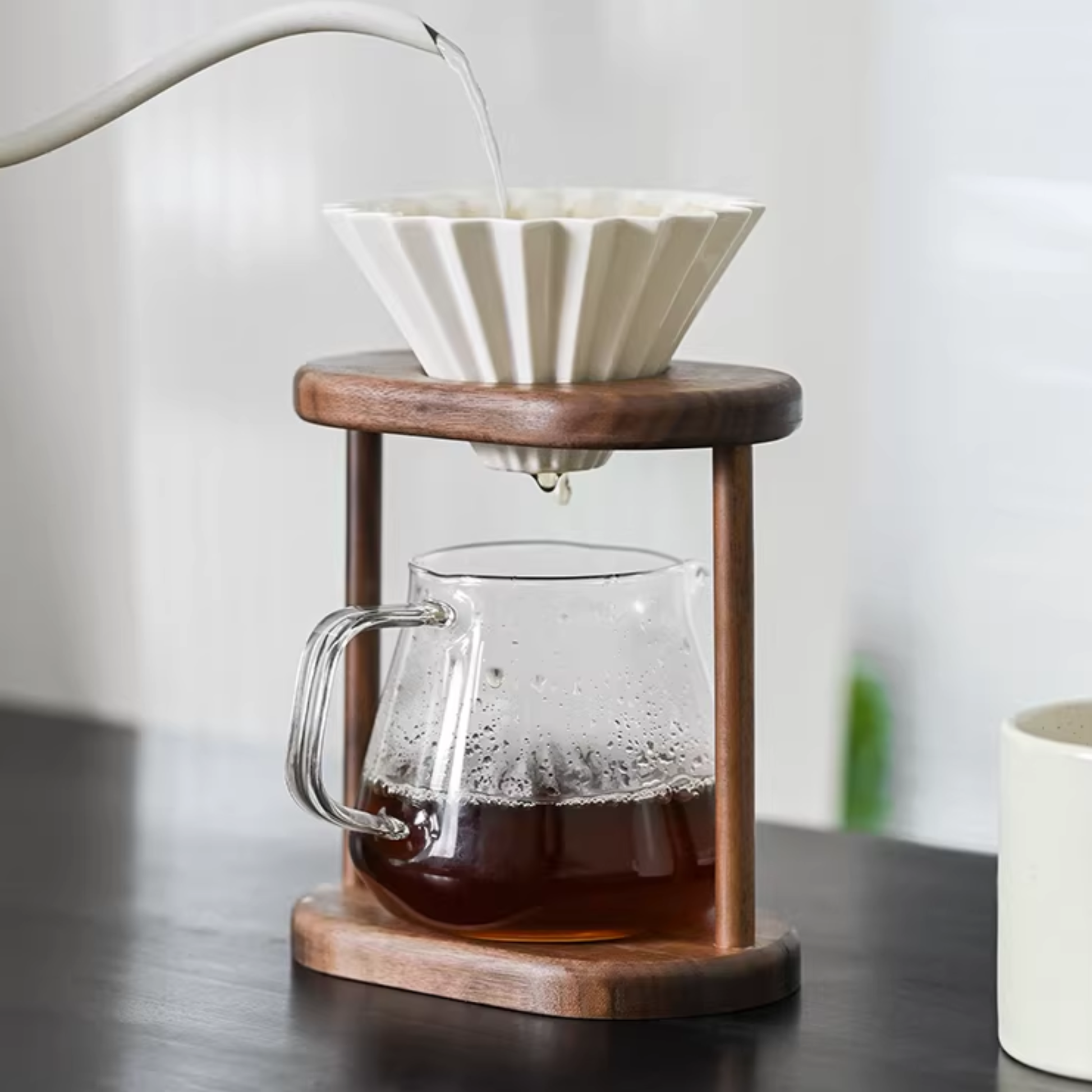 Wooden pour over coffee dripper stand made from walnut, compact coffee dripper holder for home or office
